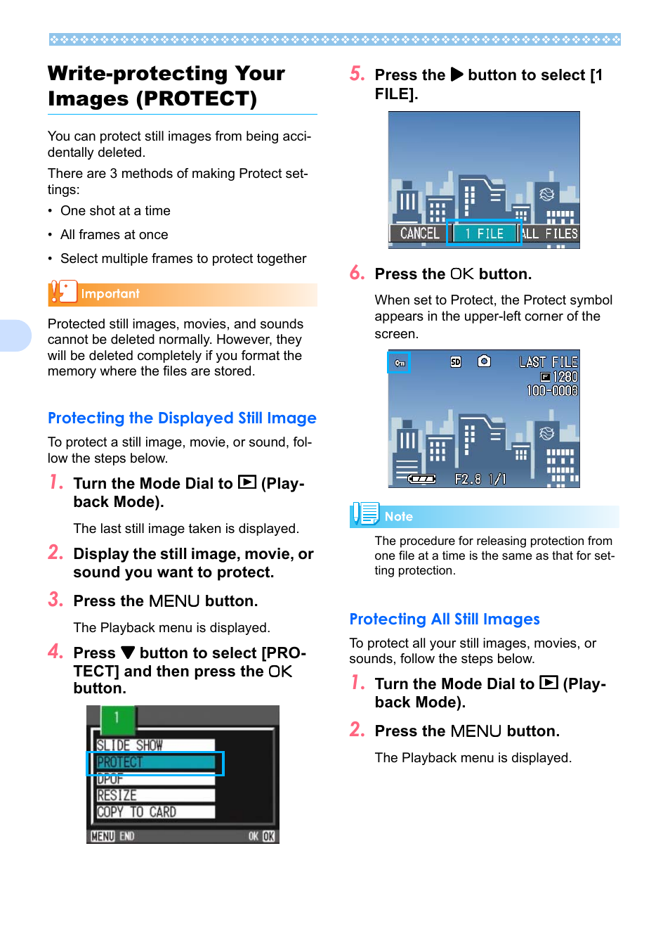 Write-protecting your images (protect), Protecting the displayed still image, Protecting all still images | P.96, E p.96, See p.96, 6write-protecting your images (protect) | Ricoh Caplio RX User Manual | Page 96 / 183