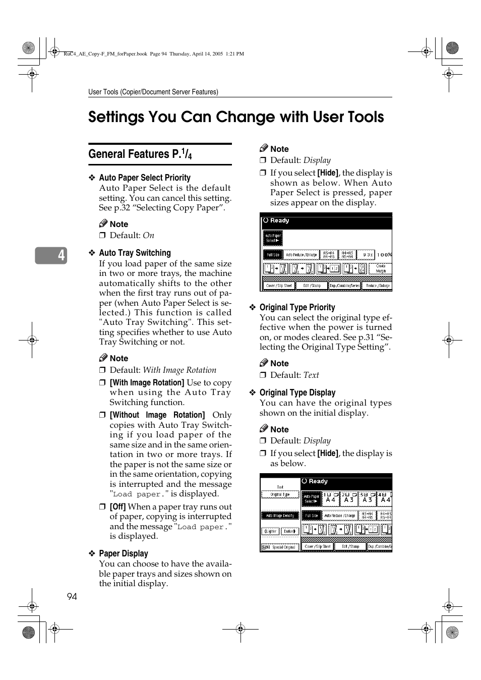 4settings you can change with user tools, General features p | Ricoh Aficio 3025 User Manual | Page 104 / 136