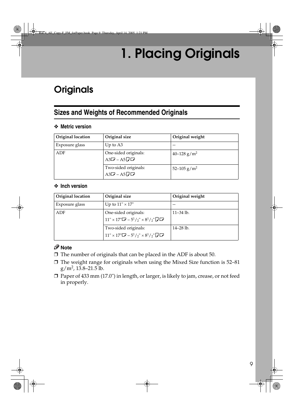 Placing originals, Originals, Sizes and weights of recommended originals | Ricoh Aficio 3025 User Manual | Page 19 / 136