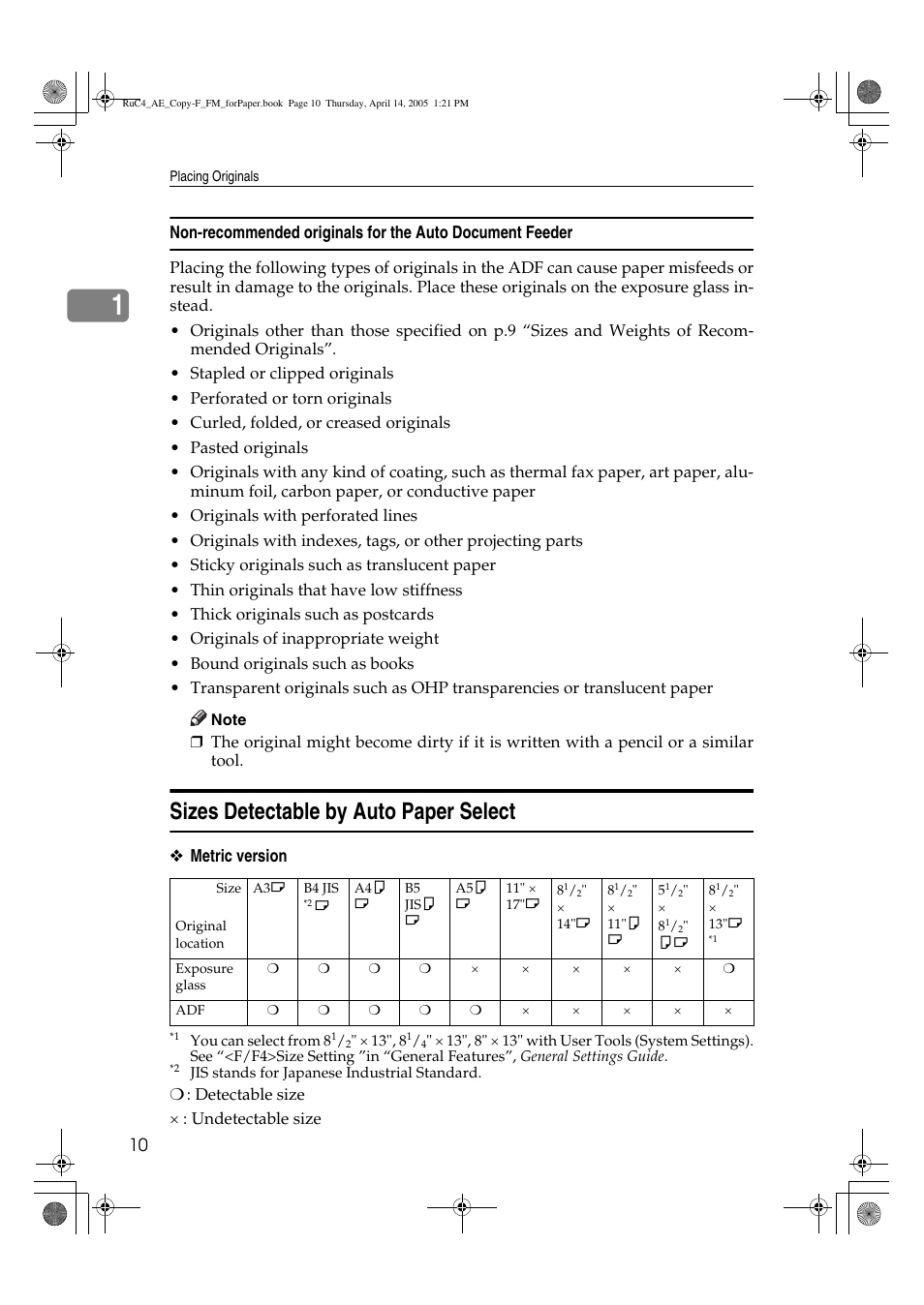 Sizes detectable by auto paper select | Ricoh Aficio 3025 User Manual | Page 20 / 136