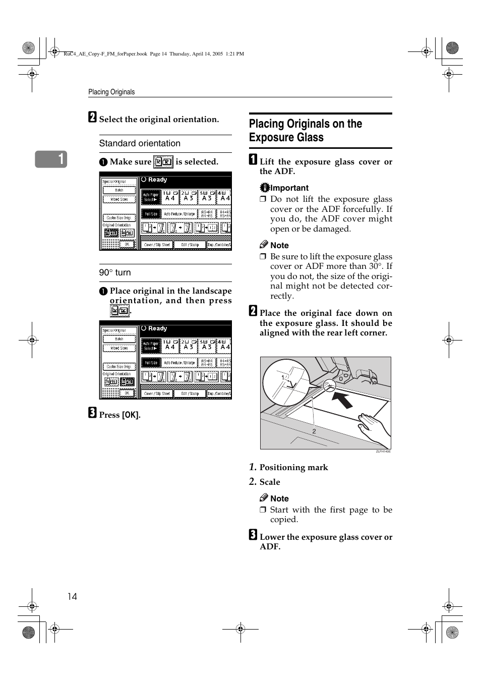 Placing originals on the exposure glass | Ricoh Aficio 3025 User Manual | Page 24 / 136