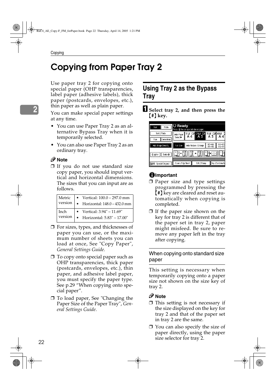 2copying from paper tray 2, Using tray 2 as the bypass tray | Ricoh Aficio 3025 User Manual | Page 32 / 136