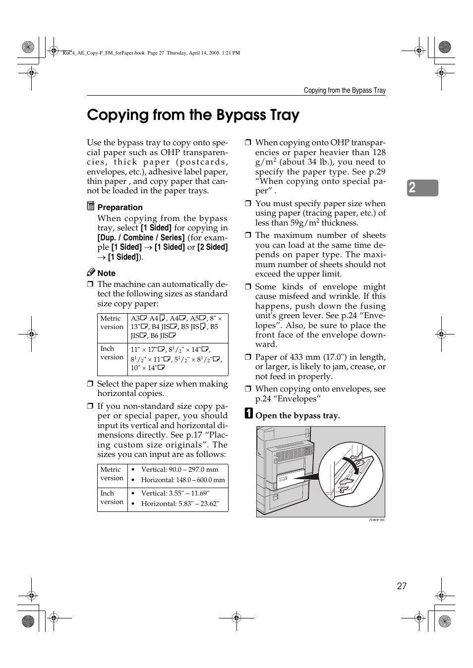2copying from the bypass tray | Ricoh Aficio 3025 User Manual | Page 37 / 136