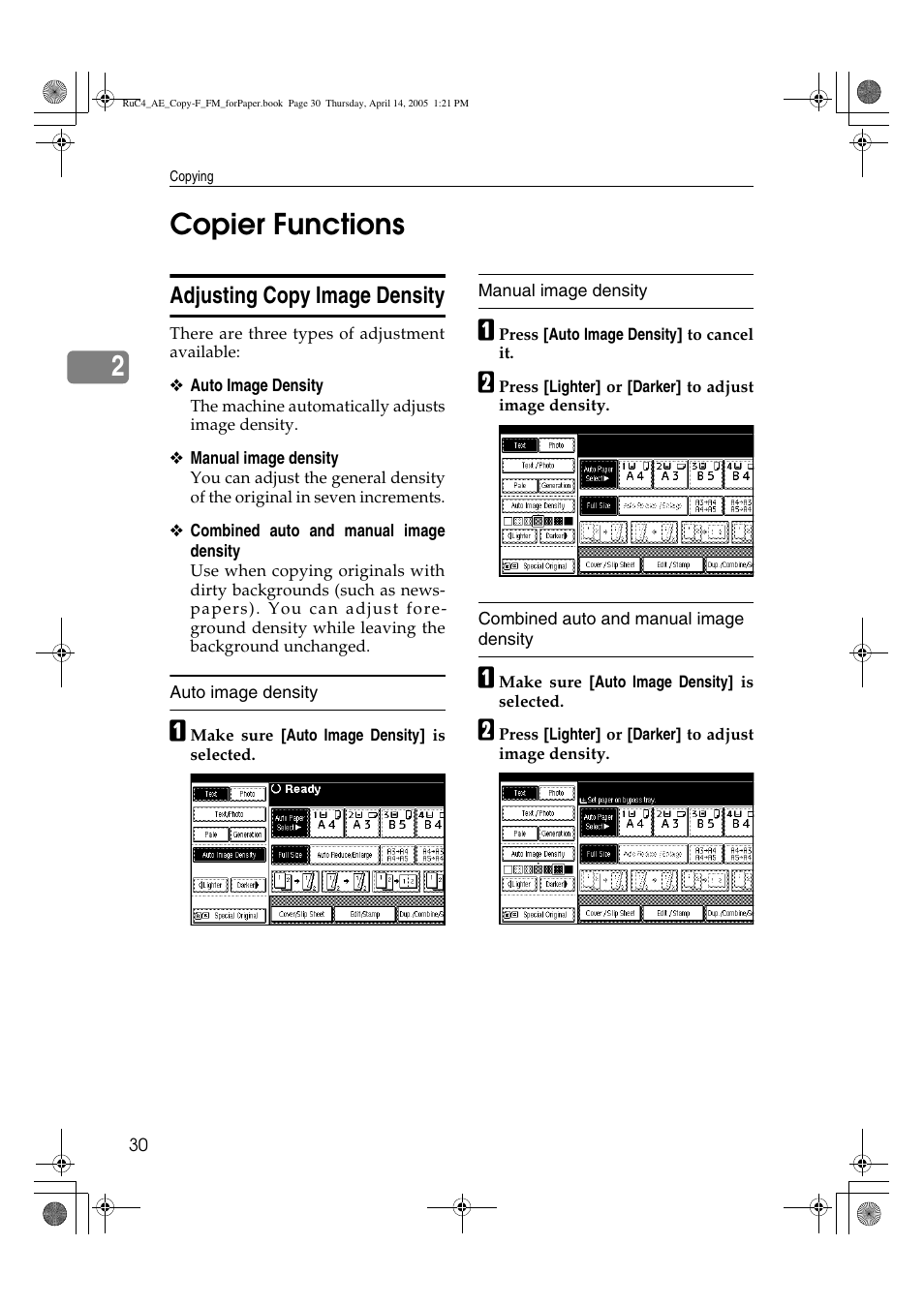 2copier functions, Adjusting copy image density | Ricoh Aficio 3025 User Manual | Page 40 / 136