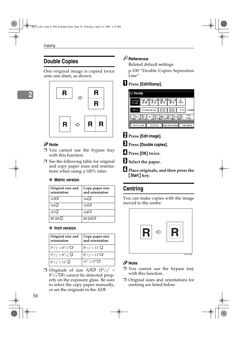 Double copies, Centring | Ricoh Aficio 3025 User Manual | Page 66 / 136