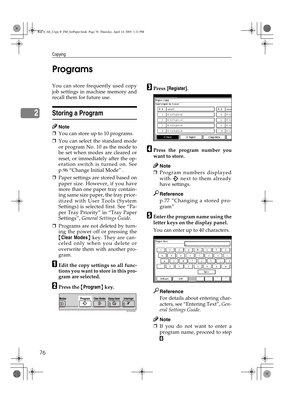 2programs, Storing a program | Ricoh Aficio 3025 User Manual | Page 86 / 136