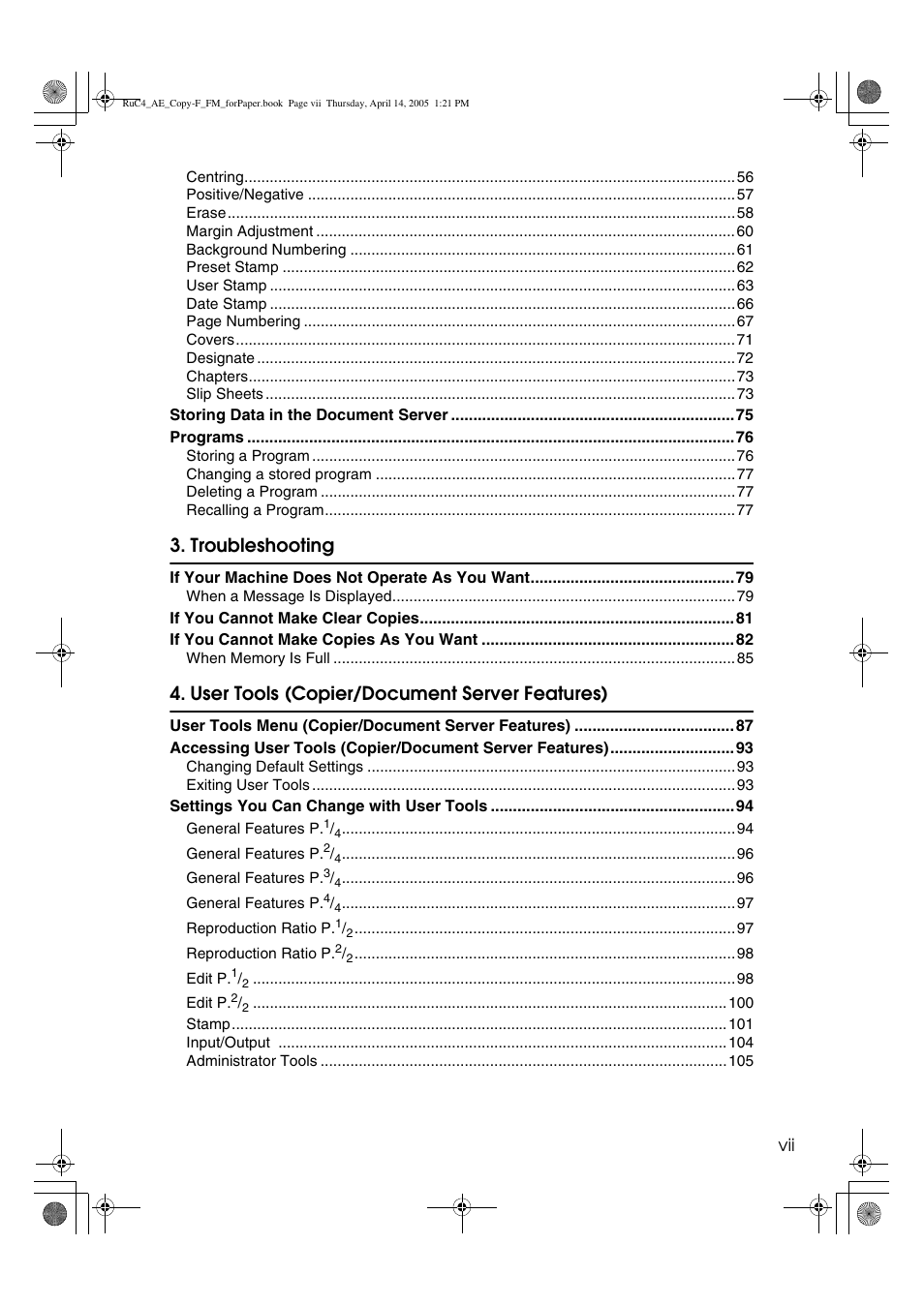 Troubleshooting, User tools (copier/document server features) | Ricoh Aficio 3025 User Manual | Page 9 / 136