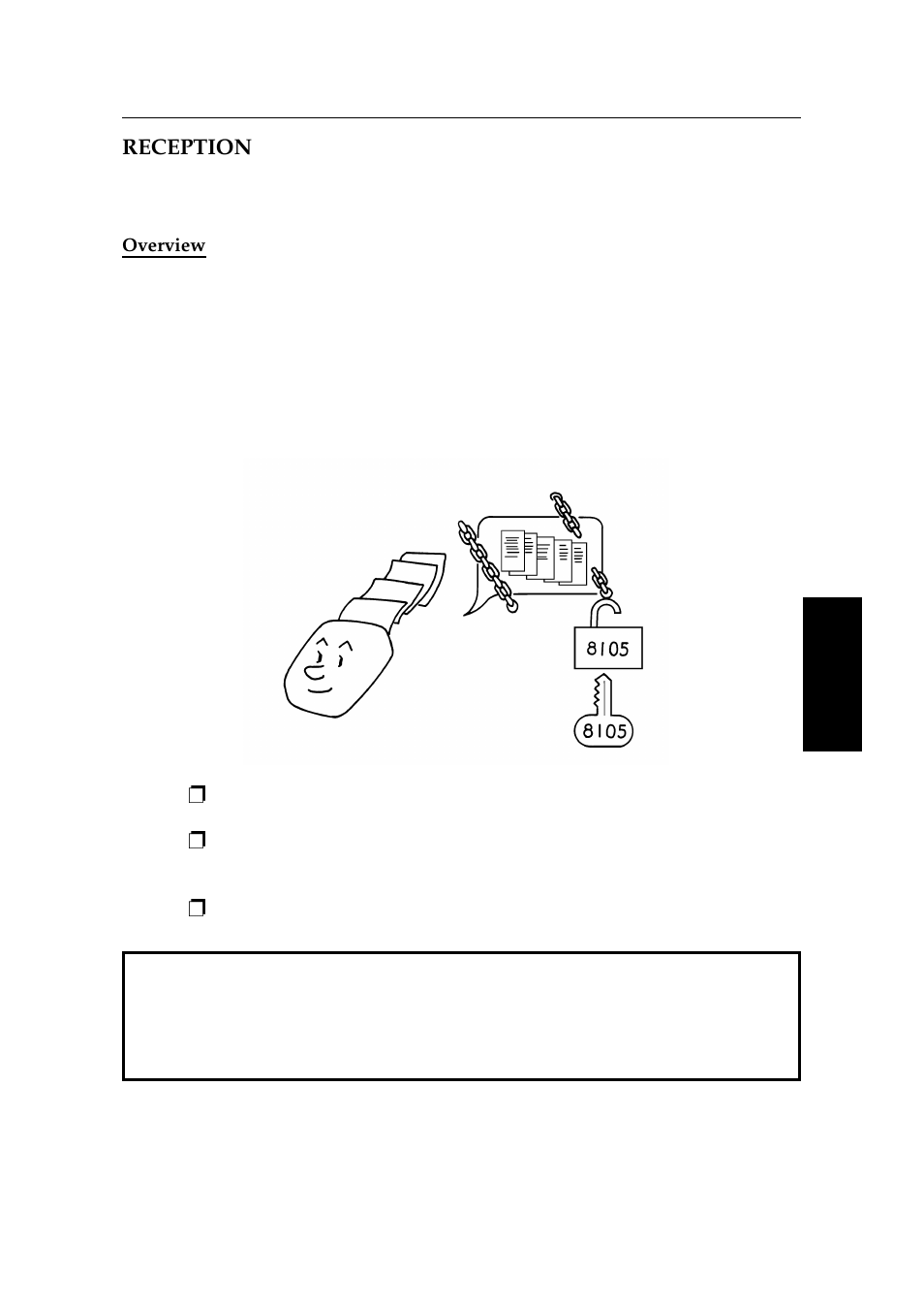 Reception, Confidential reception (feature expander required), Overview | Ricoh 2400L User Manual | Page 337 / 926