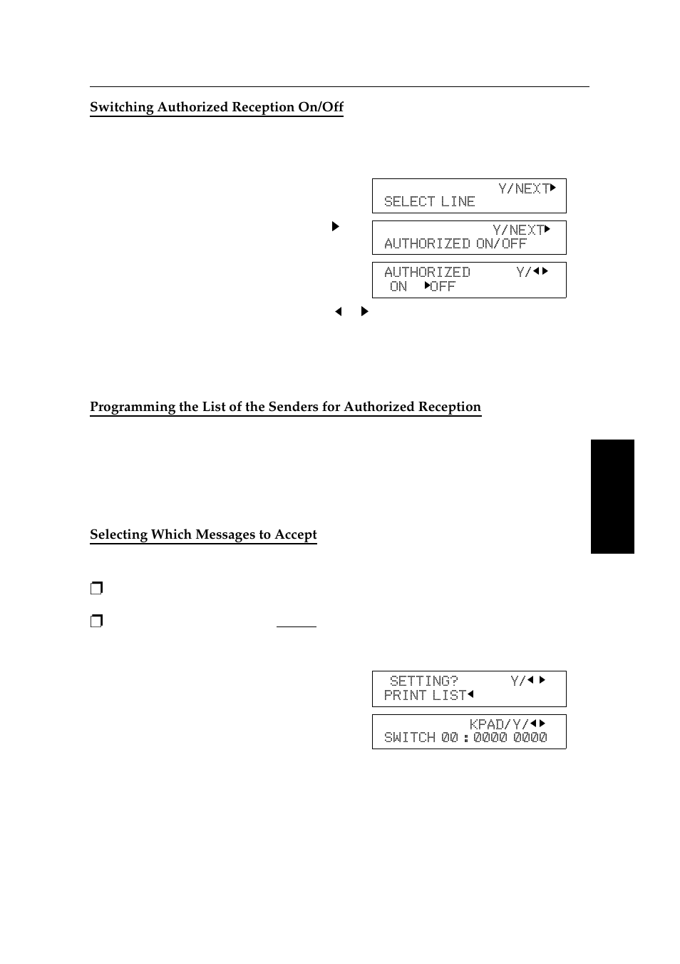 Switching authorized reception on/off, Selecting which messages to accept | Ricoh 2400L User Manual | Page 347 / 926