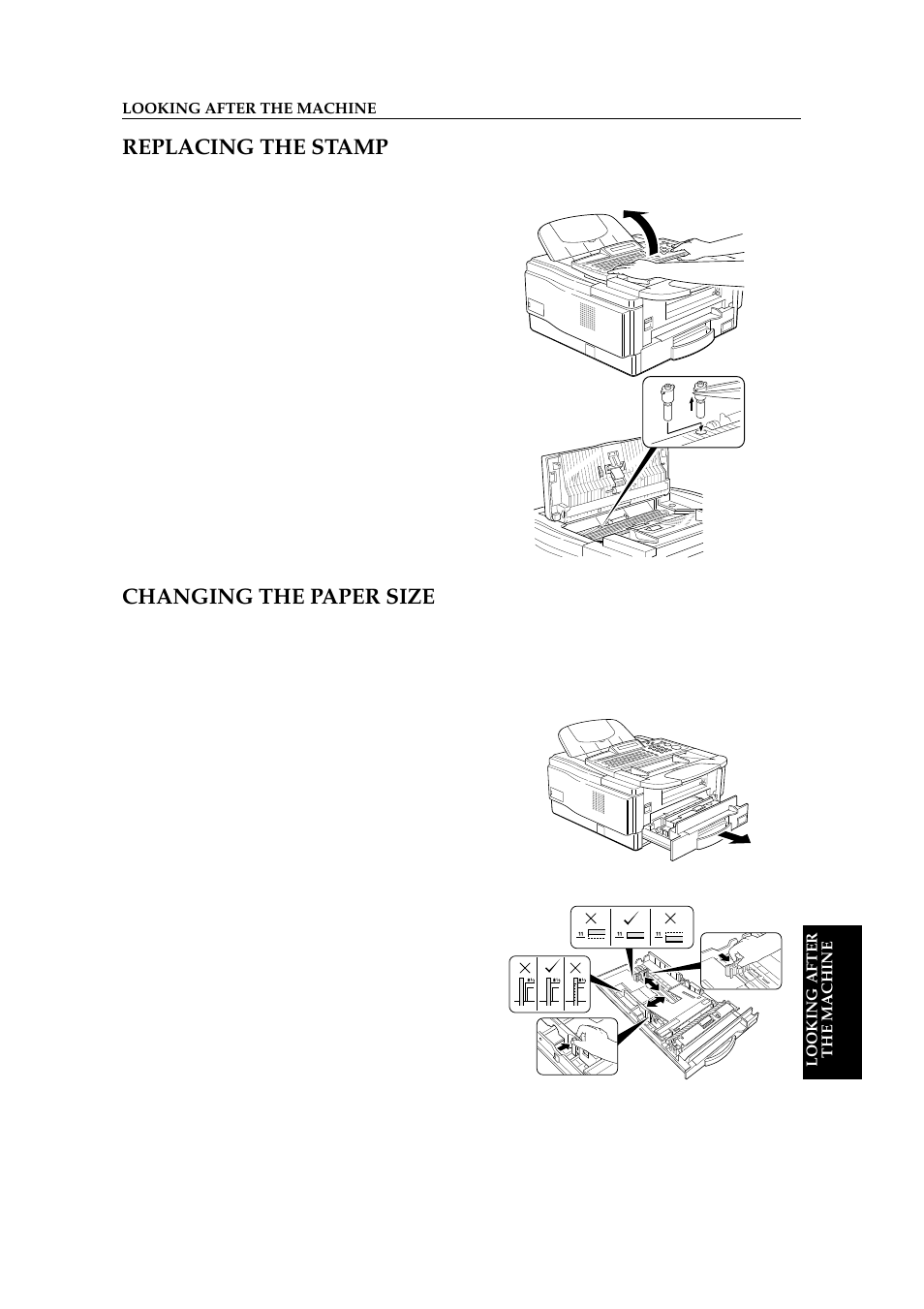 Replacing the stamp, Changing the paper size, Main cassette and optional paper feed cassette | Ricoh 2400L User Manual | Page 591 / 926