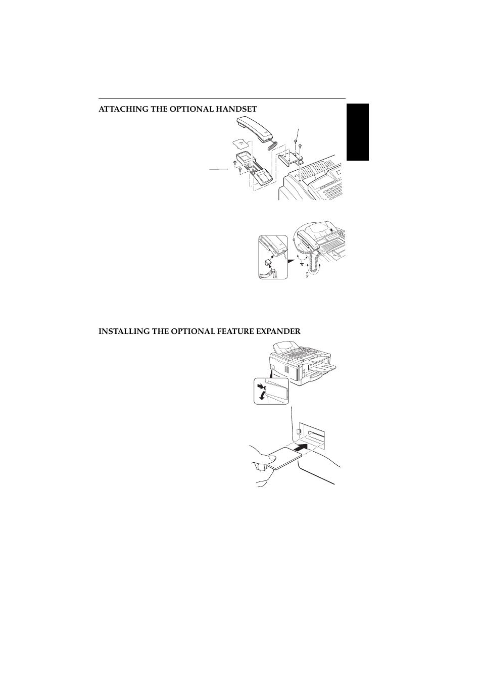 Attaching the optional handset, Installing the optional feature expander | Ricoh 2400L User Manual | Page 892 / 926