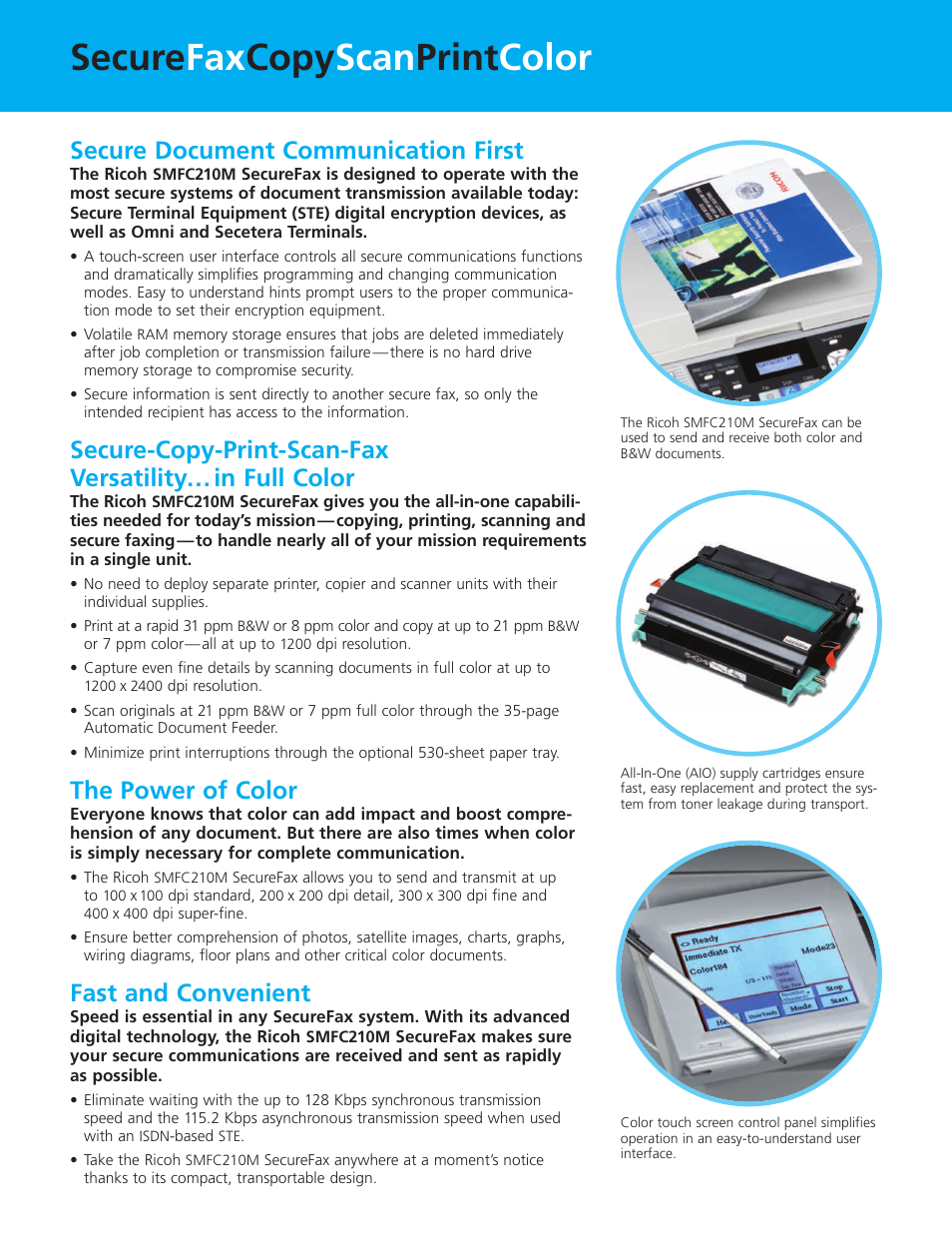 Secure fax copy scan print color, Secure document communication first, The power of color | Fast and convenient | Ricoh SMFC210M User Manual | Page 3 / 4