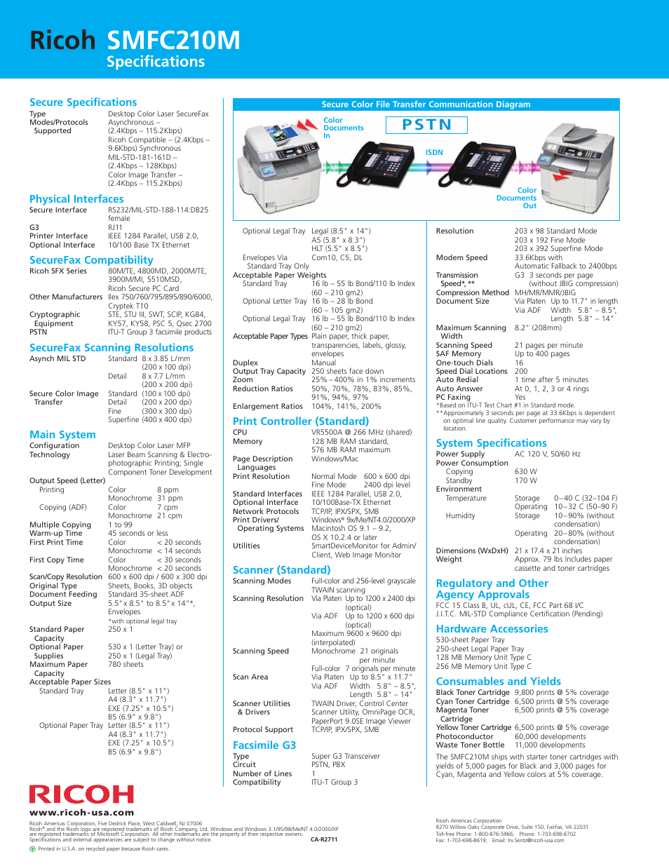 Ricoh smfc210m, Specifications, P s t n | Secure specifications, Physical interfaces, Securefax compatibility, Securefax scanning resolutions, Main system, Print controller (standard), Scanner (standard) | Ricoh SMFC210M User Manual | Page 4 / 4