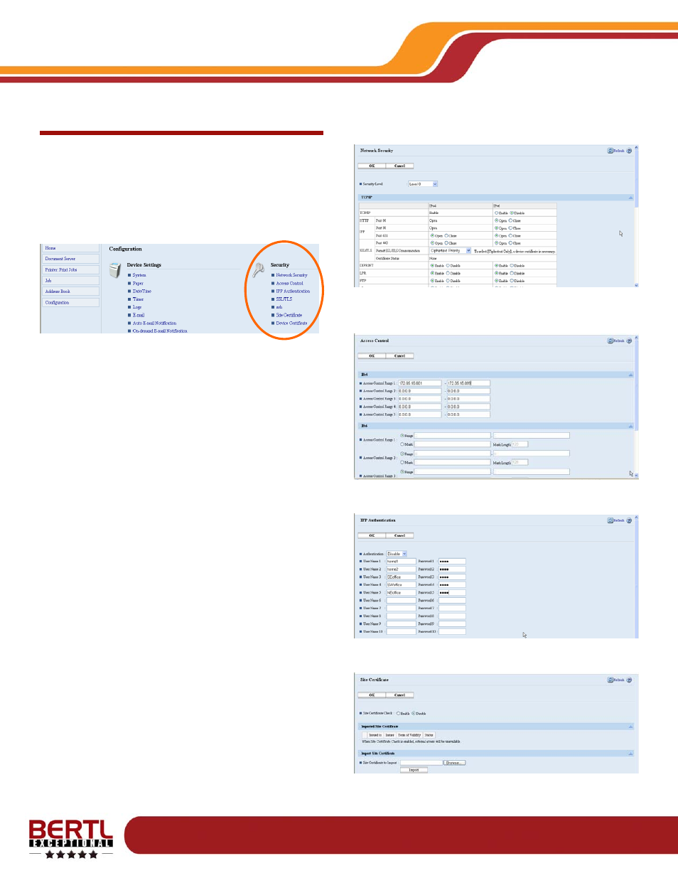 Security, Settings, Device management | Ricoh aficio mp1350 | Ricoh MP1350 User Manual | Page 15 / 49