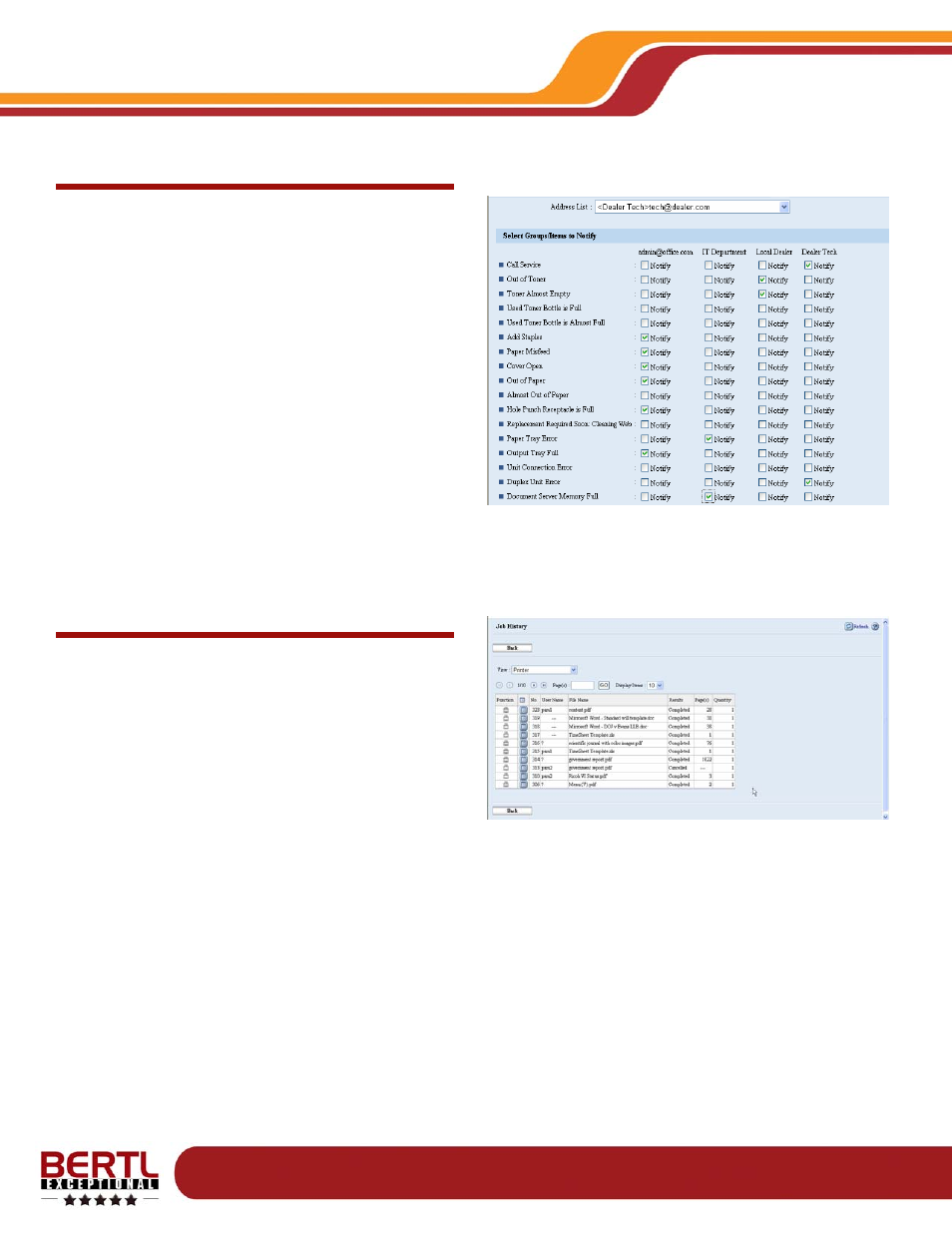 Email, Notification alerts, Job log management | Device management, Ricoh aficio mp1350 | Ricoh MP1350 User Manual | Page 17 / 49