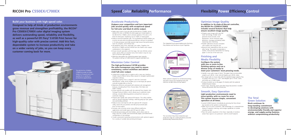 Accelerate productivity, Maximize color control, Optimize image quality | Finishing and media flexibility, Smooth, easy operation, The total green solution | Ricoh C550EX User Manual | Page 3 / 6