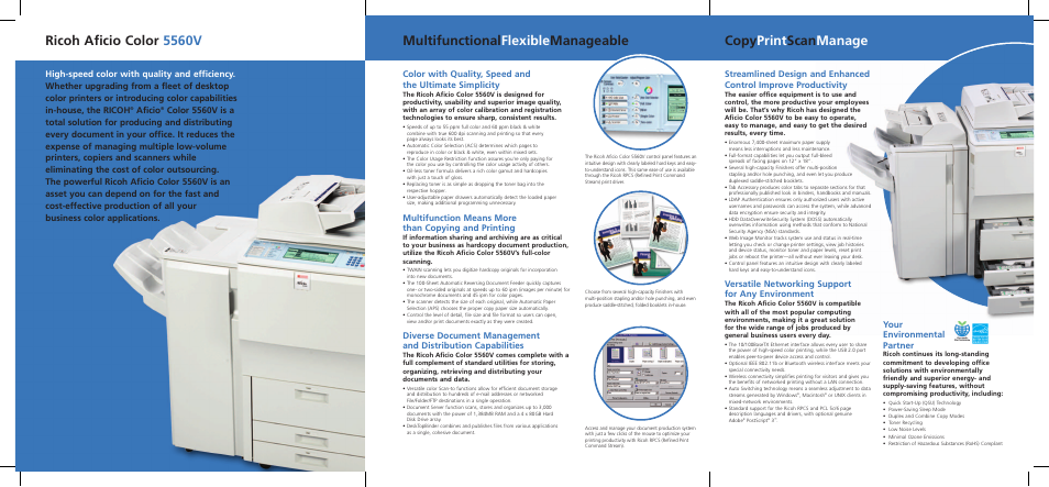 Ricoh aficio color 5560v, Multifunction means more than copying and printing, Aficio | Versatile networking support for any environment, Your environmental partner | Ricoh Aficio Color 5560V User Manual | Page 2 / 6