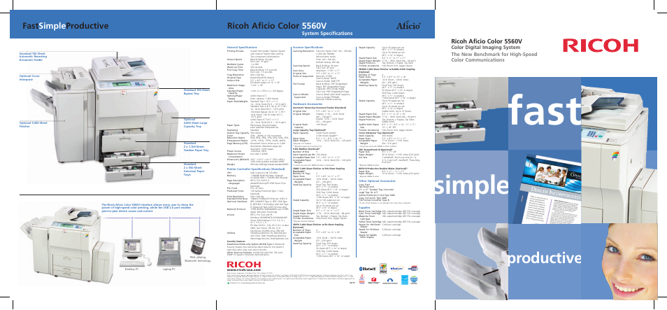 Fast, Simple, Productive | Fast simple productive, Ricoh aficio color 5560v, System specifications | Ricoh Aficio Color 5560V User Manual | Page 6 / 6