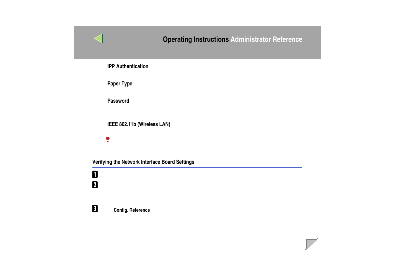 Verifying the network interface board settings, Operating instructions administrator reference | Ricoh MIB-II User Manual | Page 105 / 257