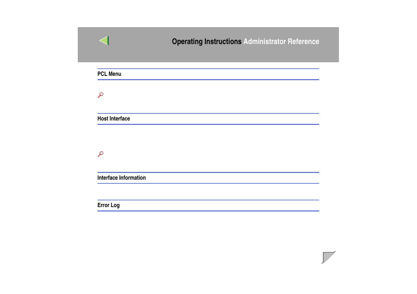 Pcl menu, Host interface, Interface information | Error log, Operating instructions administrator reference | Ricoh MIB-II User Manual | Page 135 / 257