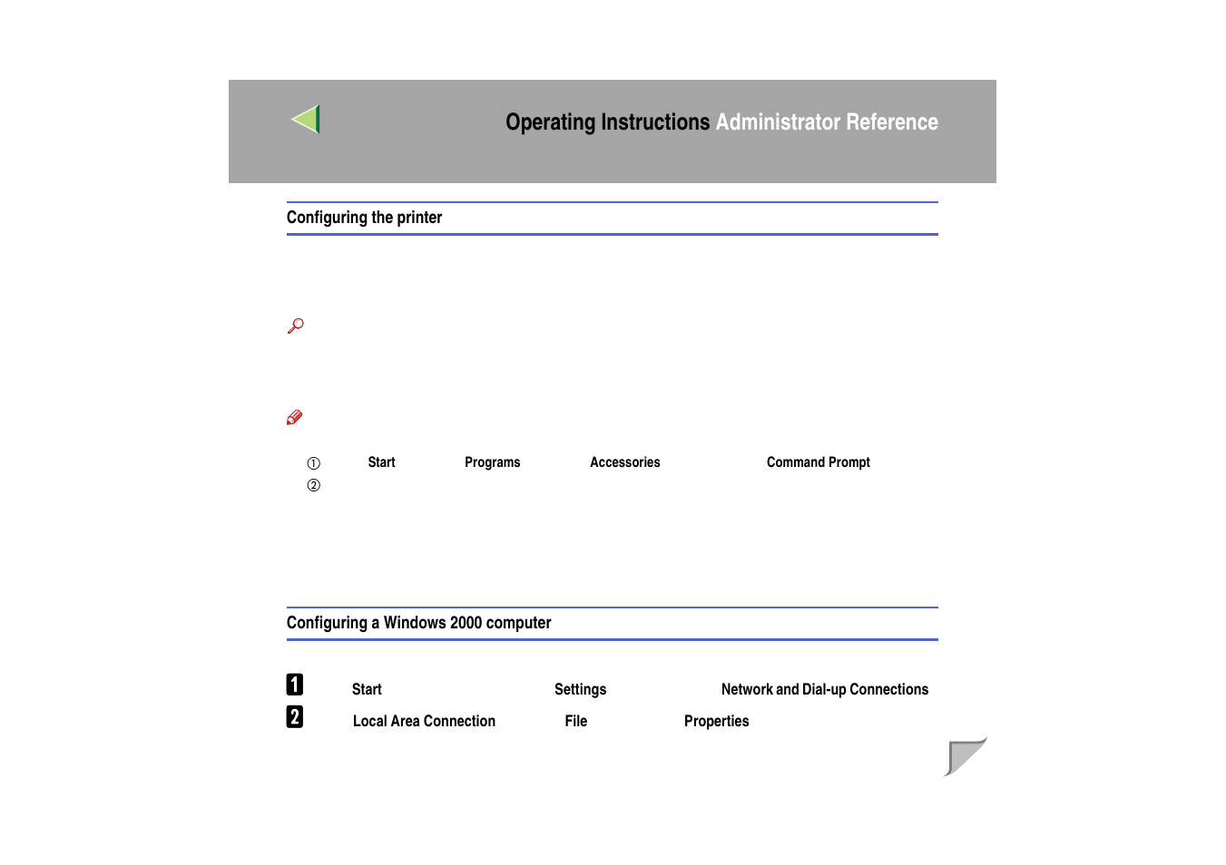 Configuring the printer, Configuring a windows 2000 computer, Operating instructions administrator reference | Ricoh MIB-II User Manual | Page 15 / 257