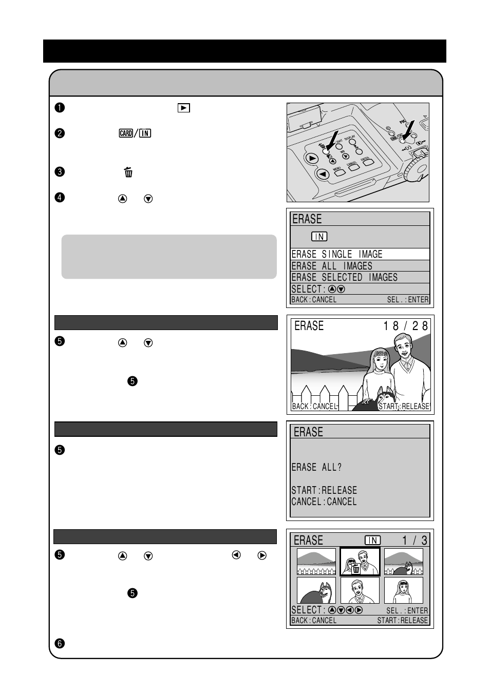 Erasing, Erasing files → (p.92-94), Erase | Erase 1/3 | Ricoh RDC-7 User Manual | Page 16 / 128