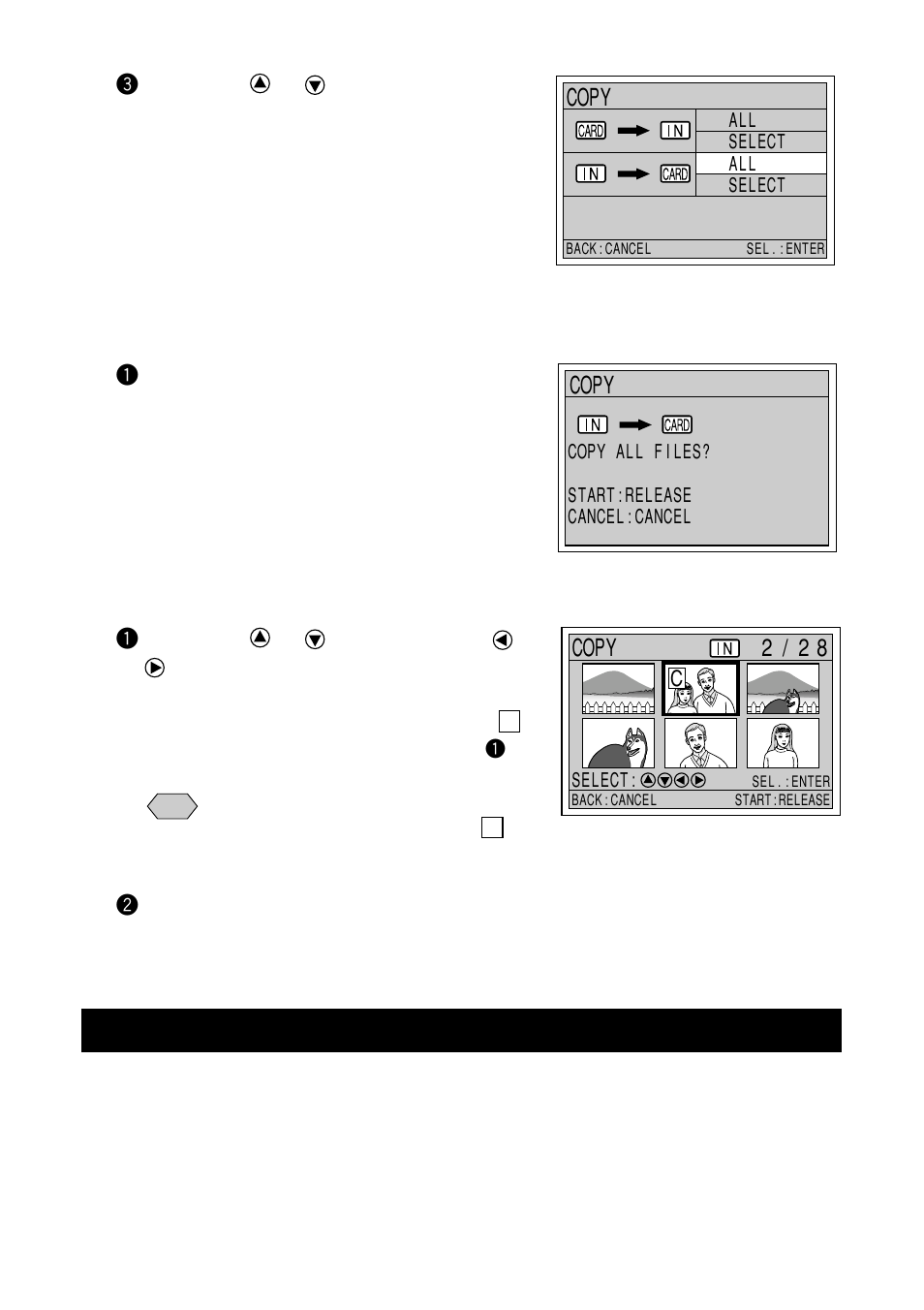 Playing a file shot with a non-ricoh camera, Copying all files, Copying selected files | Ricoh RDC-7 User Manual | Page 86 / 128