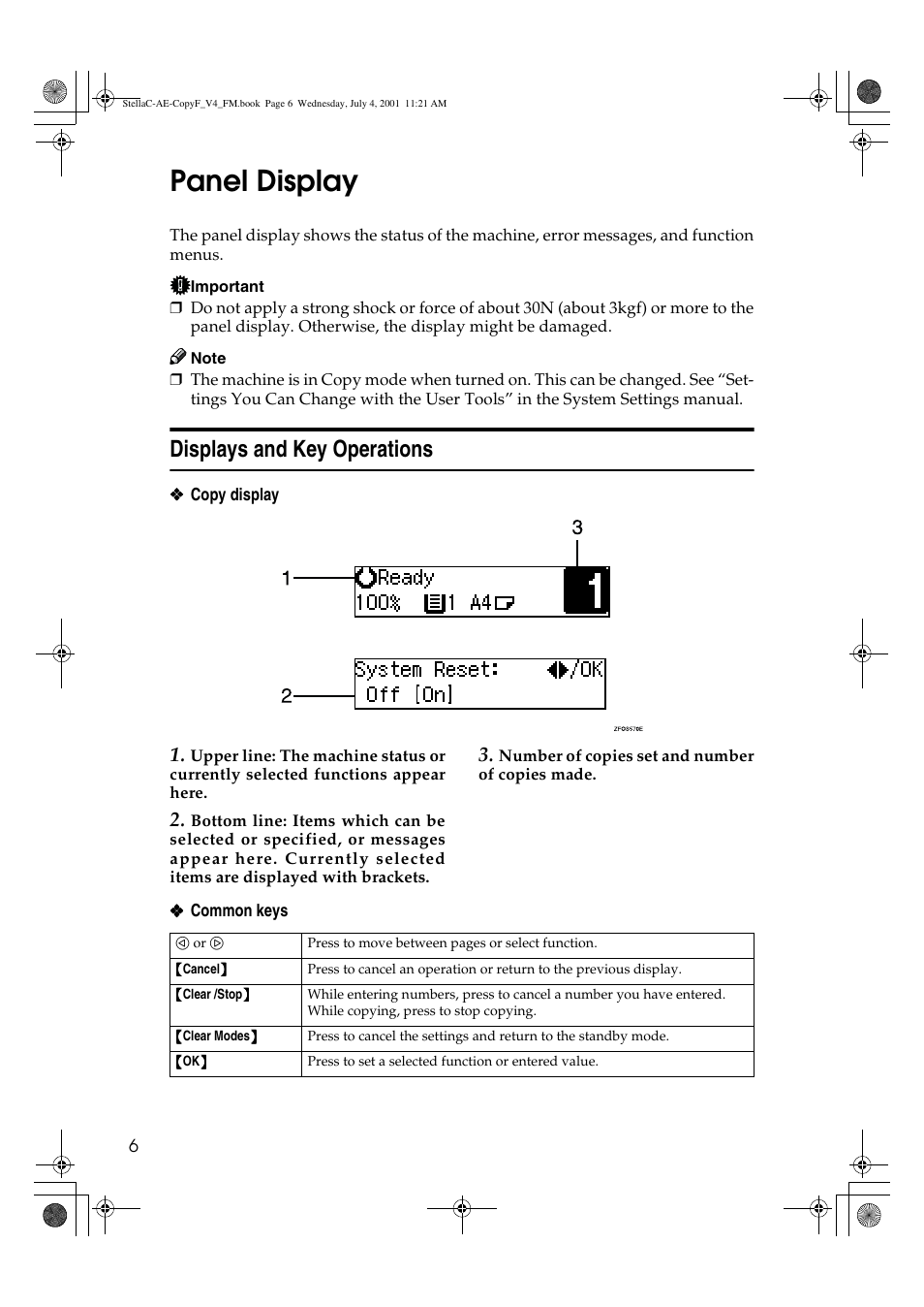Panel display, Displays and key operations | Ricoh 1013F User Manual | Page 18 / 86