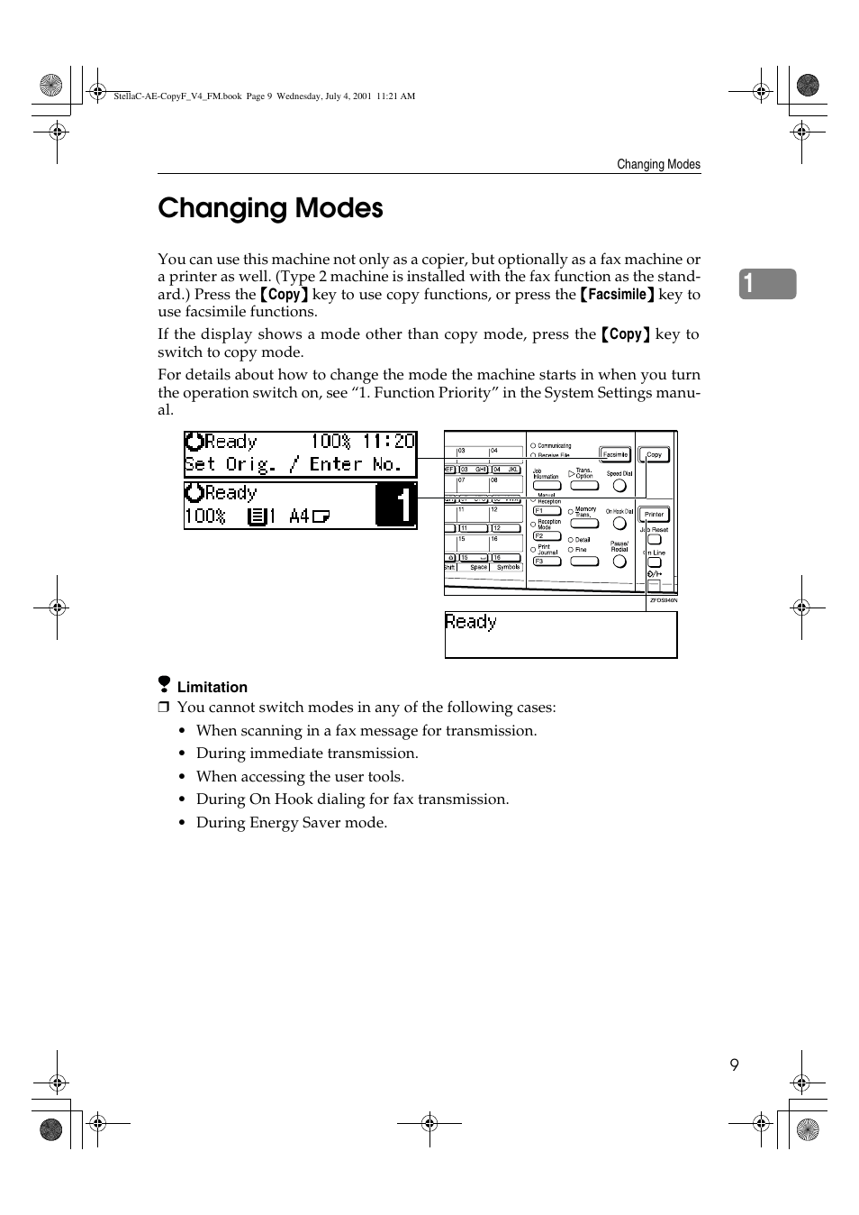 Changing modes, 1changing modes | Ricoh 1013F User Manual | Page 21 / 86