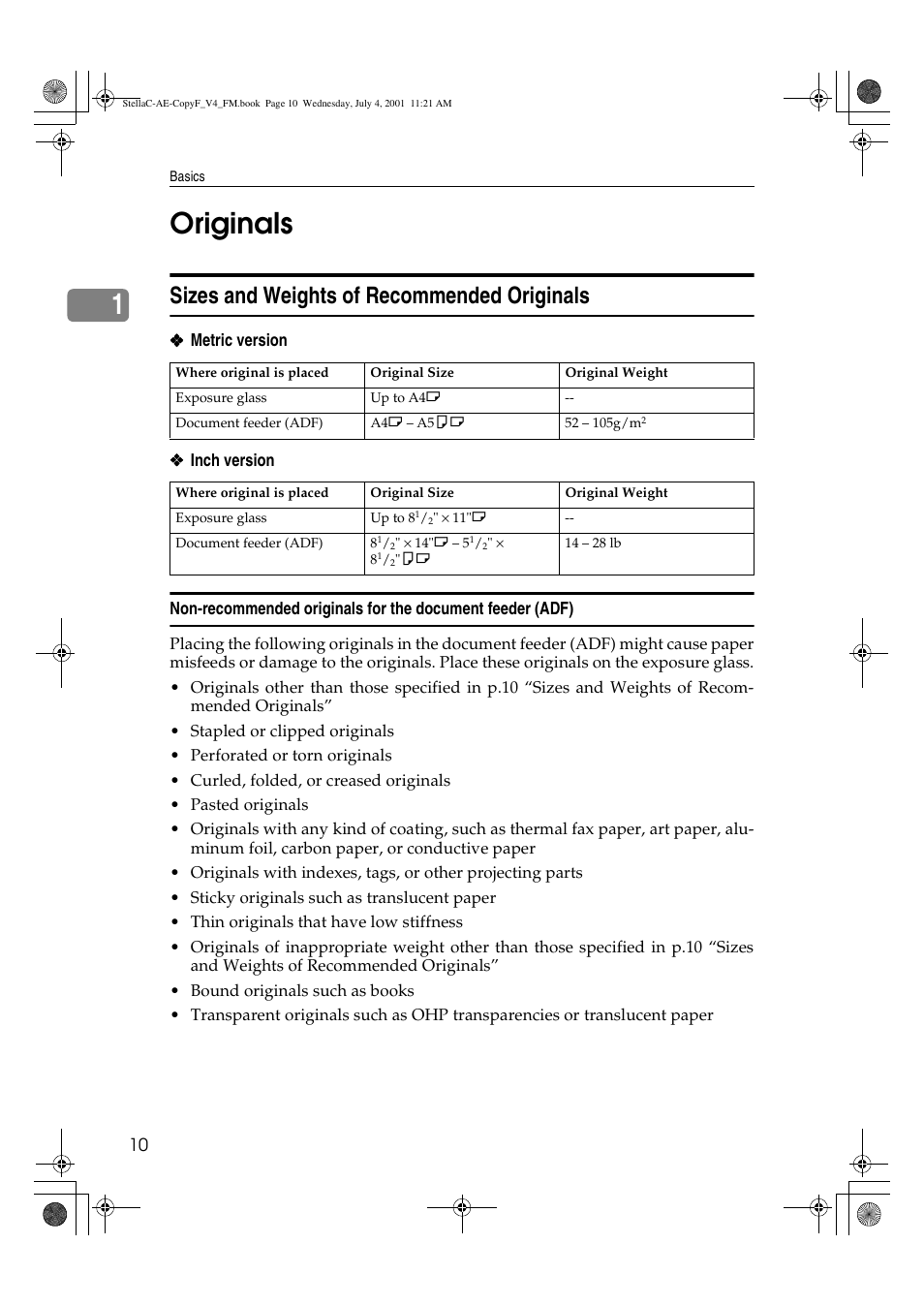 Originals, Sizes and weights of recommended originals, 1originals | Ricoh 1013F User Manual | Page 22 / 86