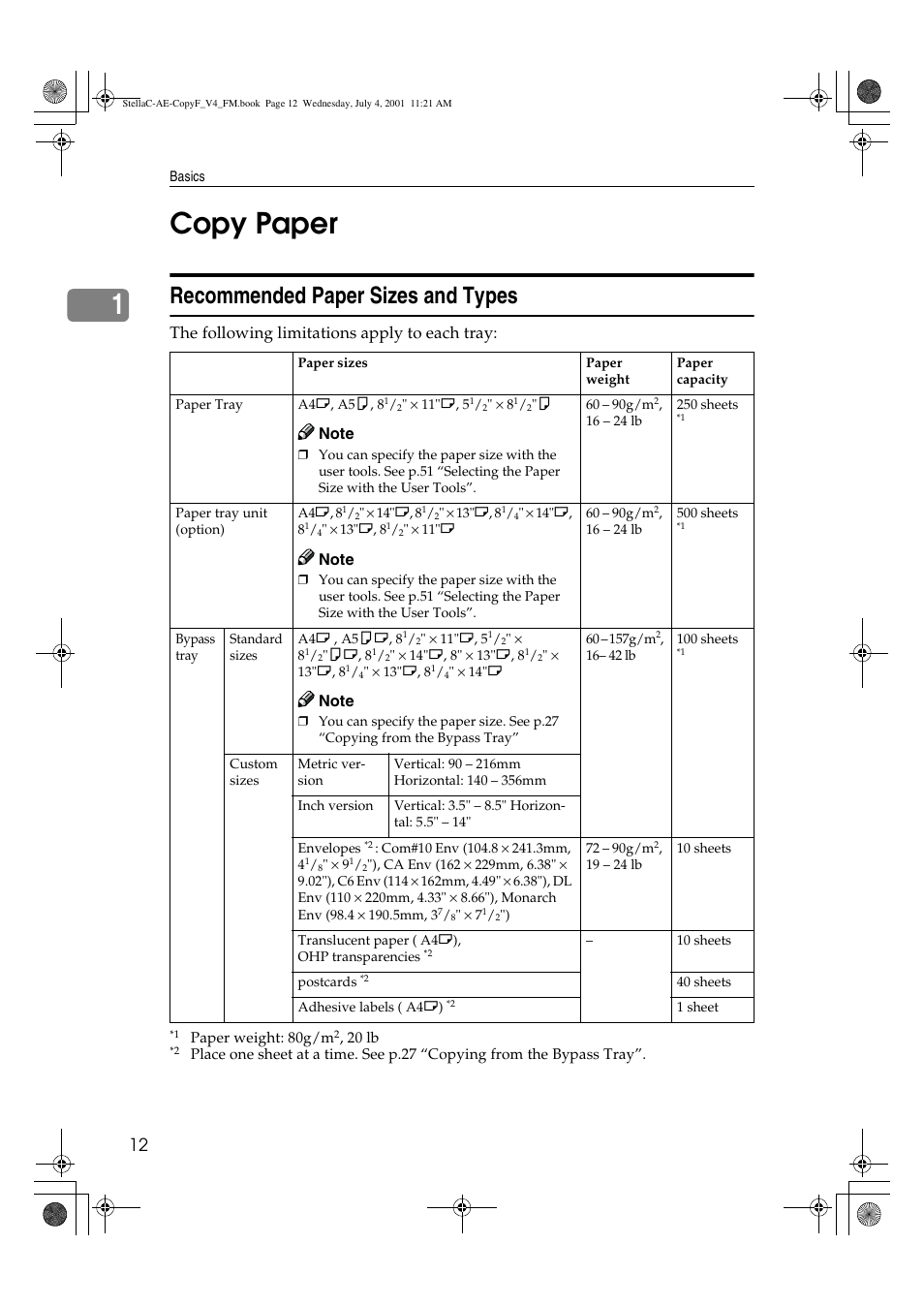Copy paper, Recommended paper sizes and types, 1copy paper | The following limitations apply to each tray | Ricoh 1013F User Manual | Page 24 / 86