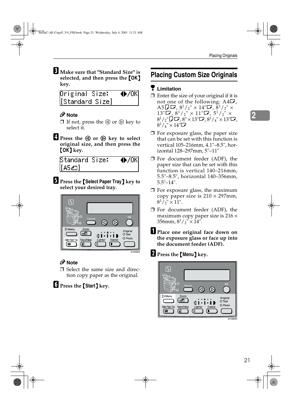 Placing custom size originals | Ricoh 1013F User Manual | Page 33 / 86