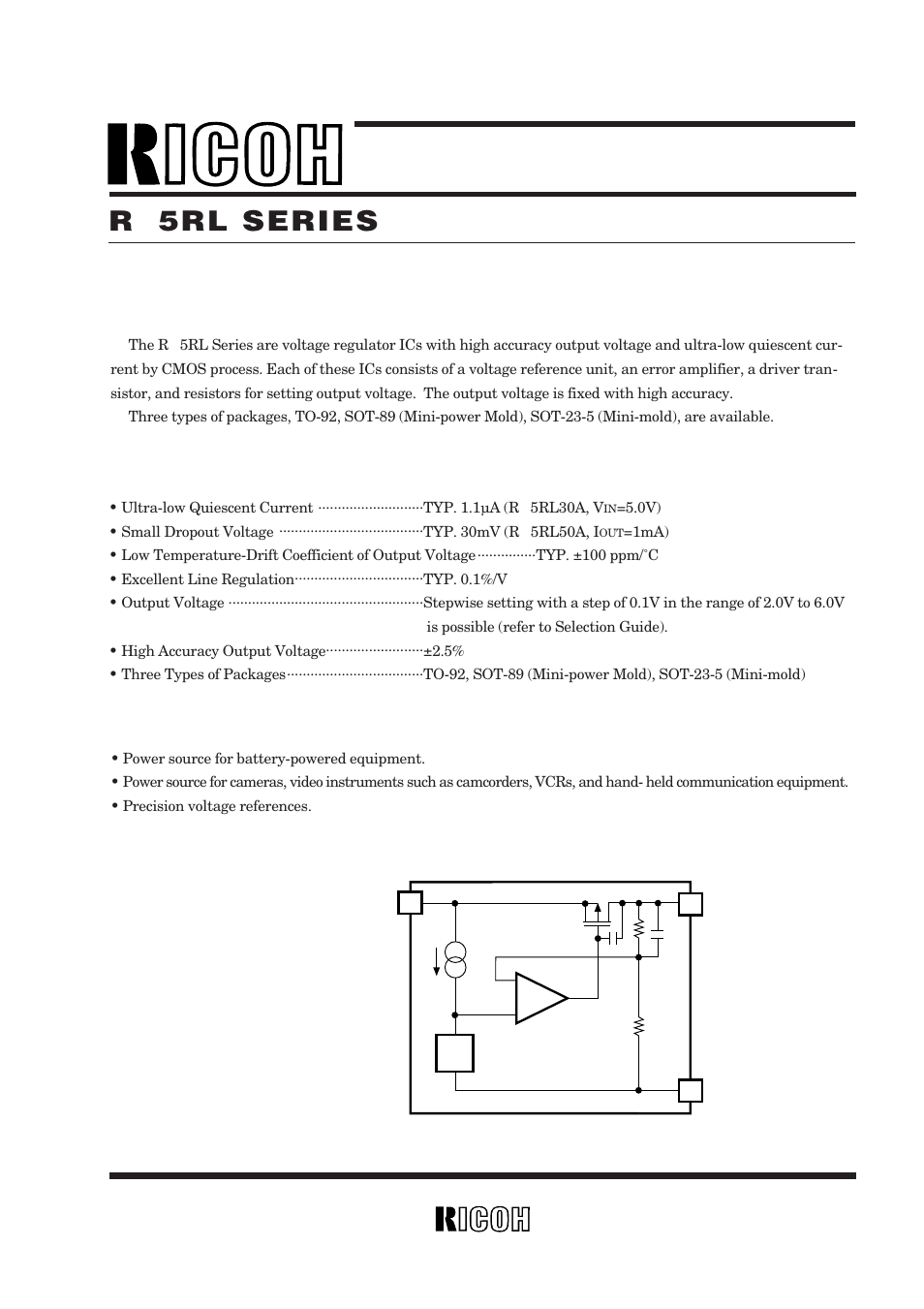 5rl series, Outline, Features applications | Block diagram, Voltage regulator | Ricoh R5RL User Manual | Page 4 / 23