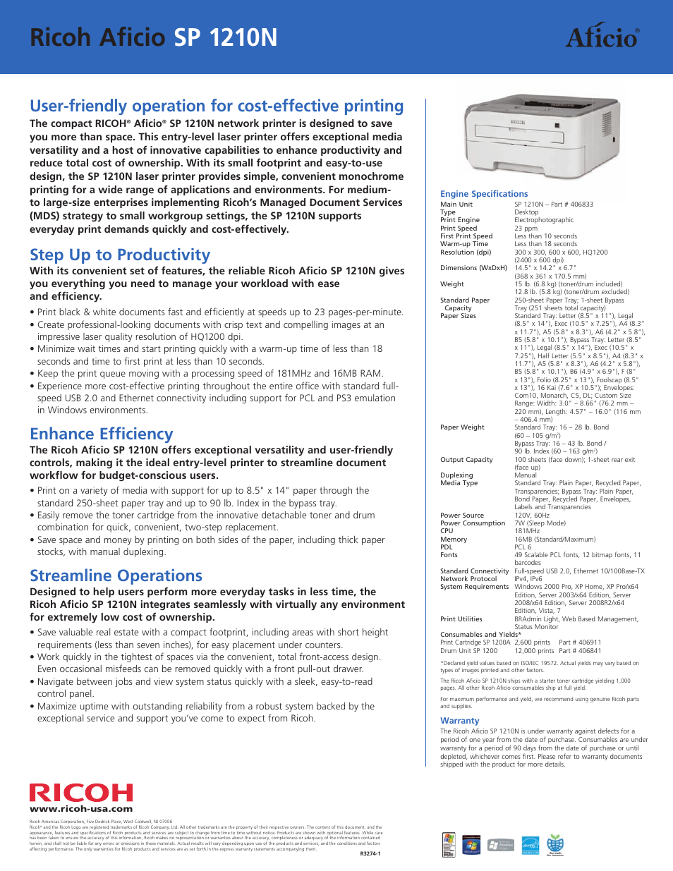 Ricoh aficio sp 1210n, Step up to productivity, Enhance efficiency | Streamline operations | Ricoh SP 1210N User Manual | Page 2 / 2