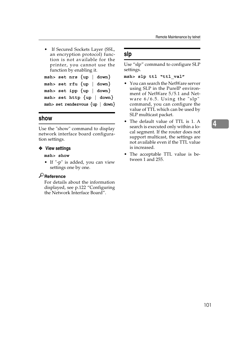 Show, Show slp | Ricoh Network Guide User Manual | Page 107 / 158