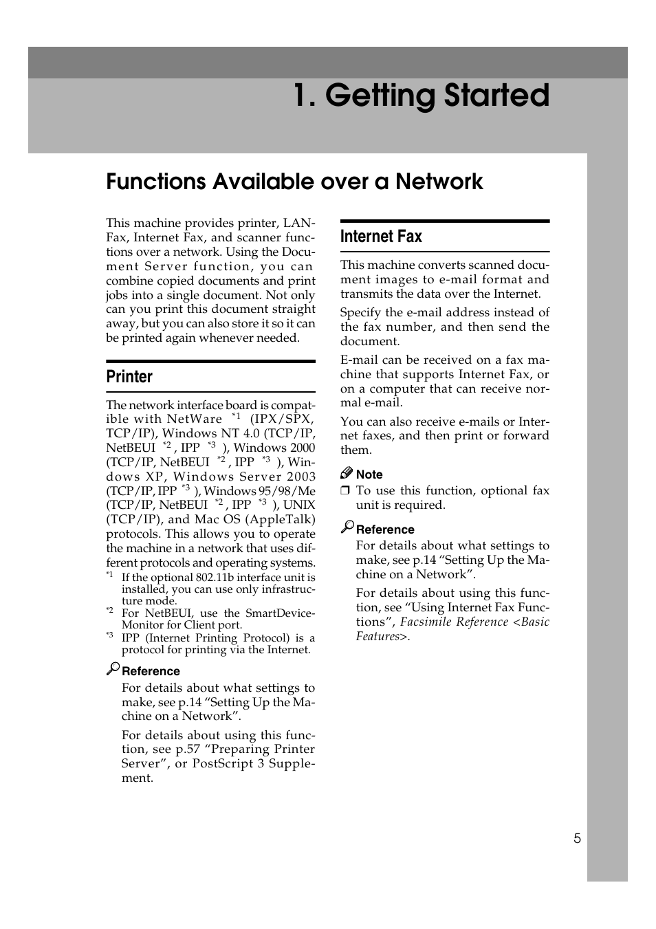 Getting started, Functions available over a network, Printer | Internet fax, Printer internet fax | Ricoh Network Guide User Manual | Page 11 / 158