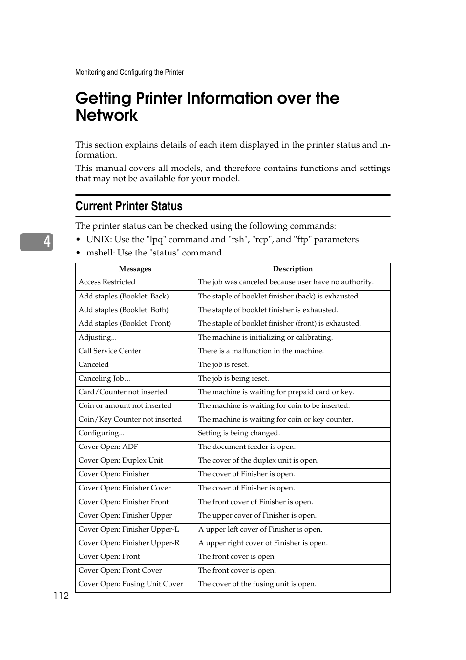 Getting printer information over the network, Current printer status, 4getting printer information over the network | Ricoh Network Guide User Manual | Page 118 / 158