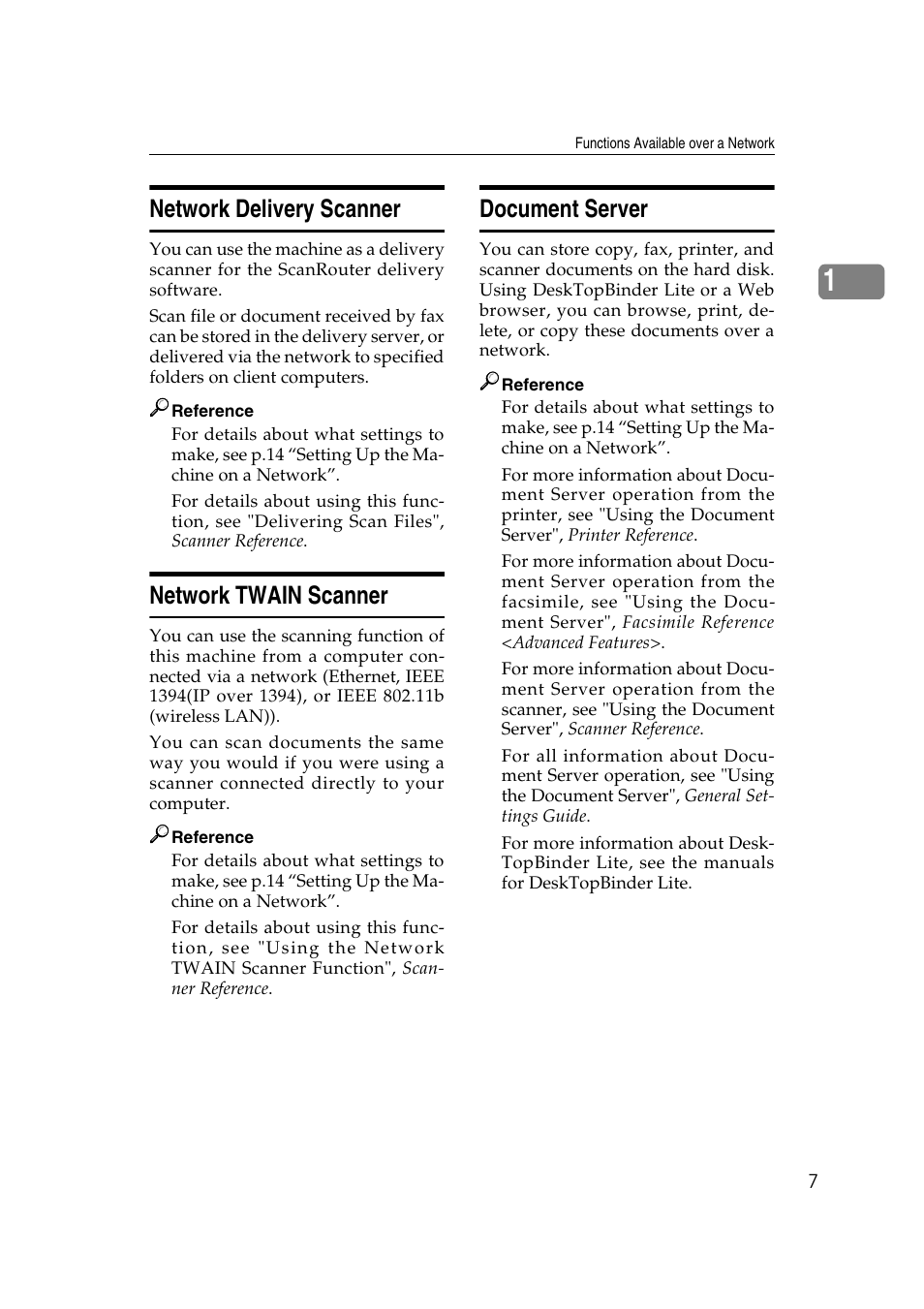 Network delivery scanner, Network twain scanner, Document server | Ricoh Network Guide User Manual | Page 13 / 158