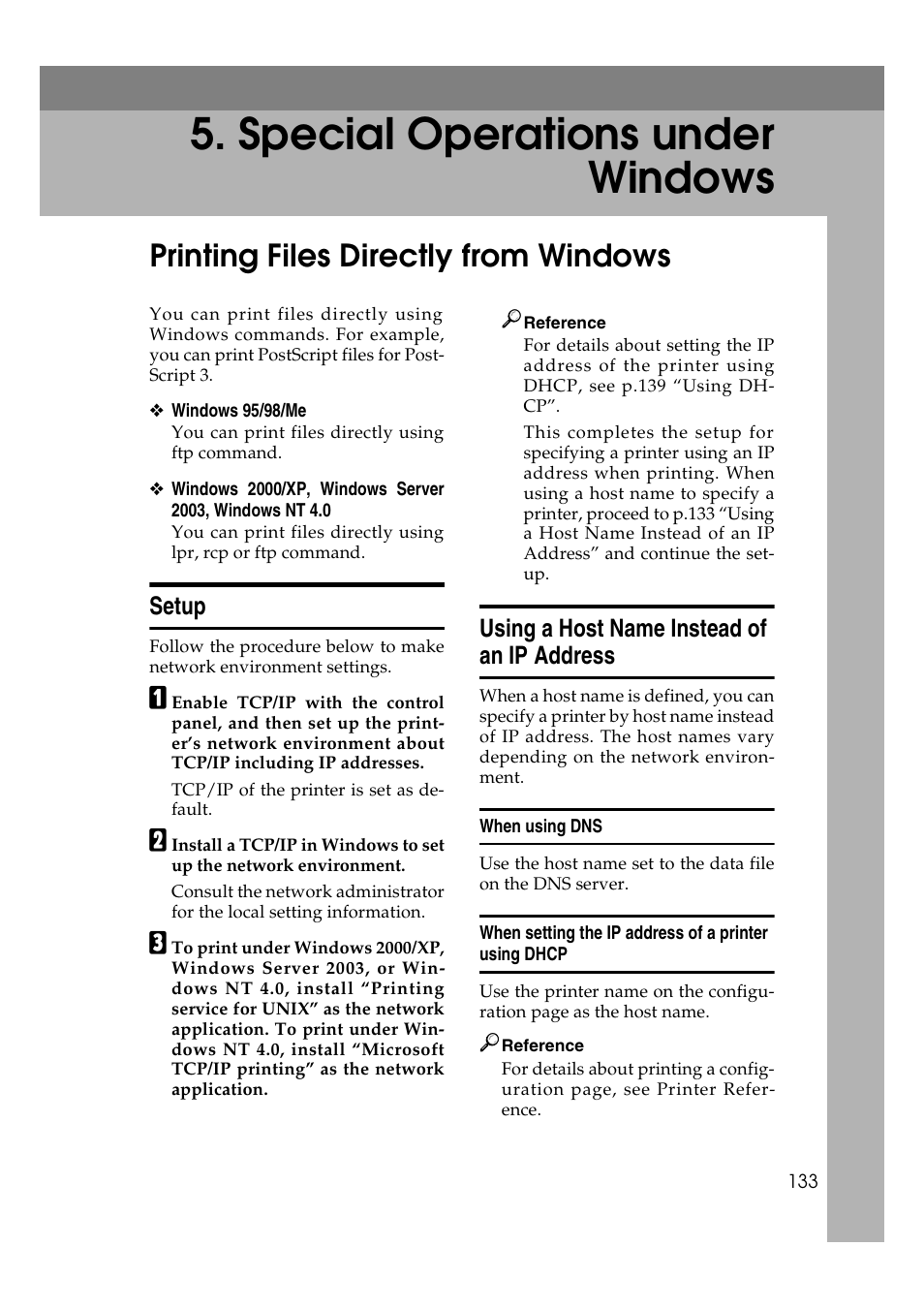 Special operations under windows, Printing files directly from windows, Setup | Using a host name instead of an ip address, When using dns, Setup using a host name instead of an ip address | Ricoh Network Guide User Manual | Page 139 / 158
