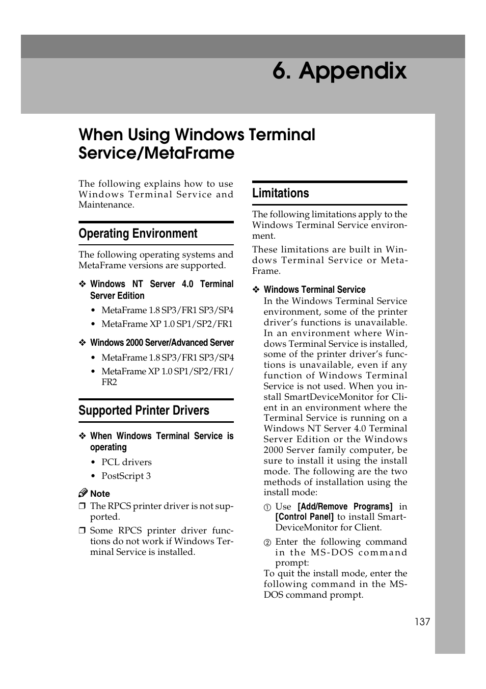 Appendix, When using windows terminal service/metaframe, Operating environment | Supported printer drivers, Limitations | Ricoh Network Guide User Manual | Page 143 / 158