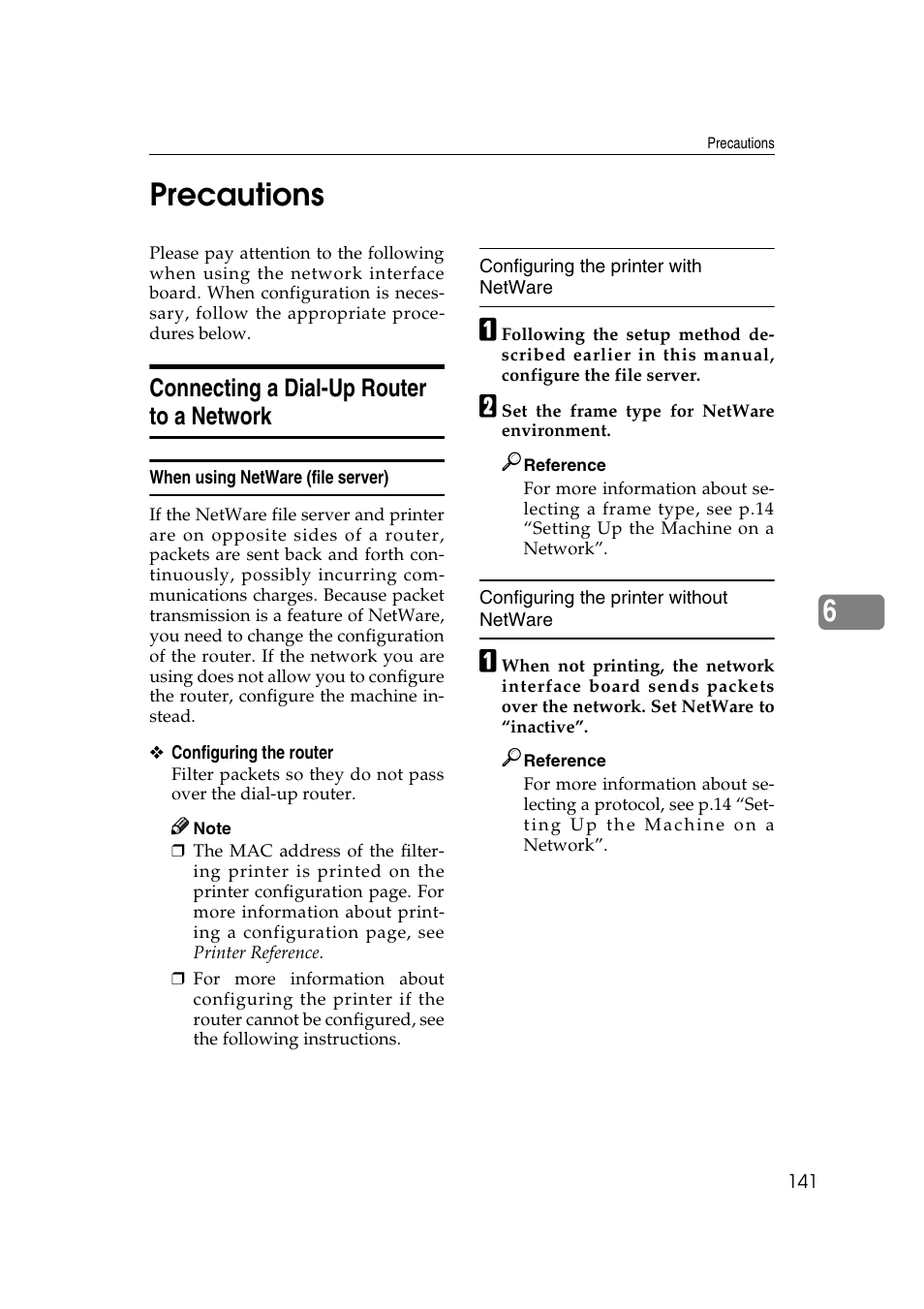 Precautions, Connecting a dial-up router to a network, When using netware (file server) | 6precautions | Ricoh Network Guide User Manual | Page 147 / 158