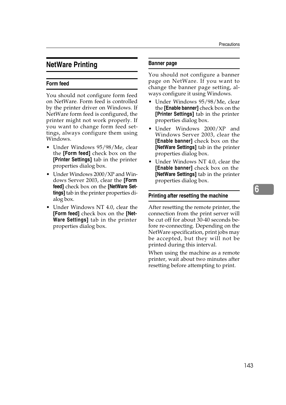 Netware printing, Form feed, Printing after resetting the machine | Ricoh Network Guide User Manual | Page 149 / 158