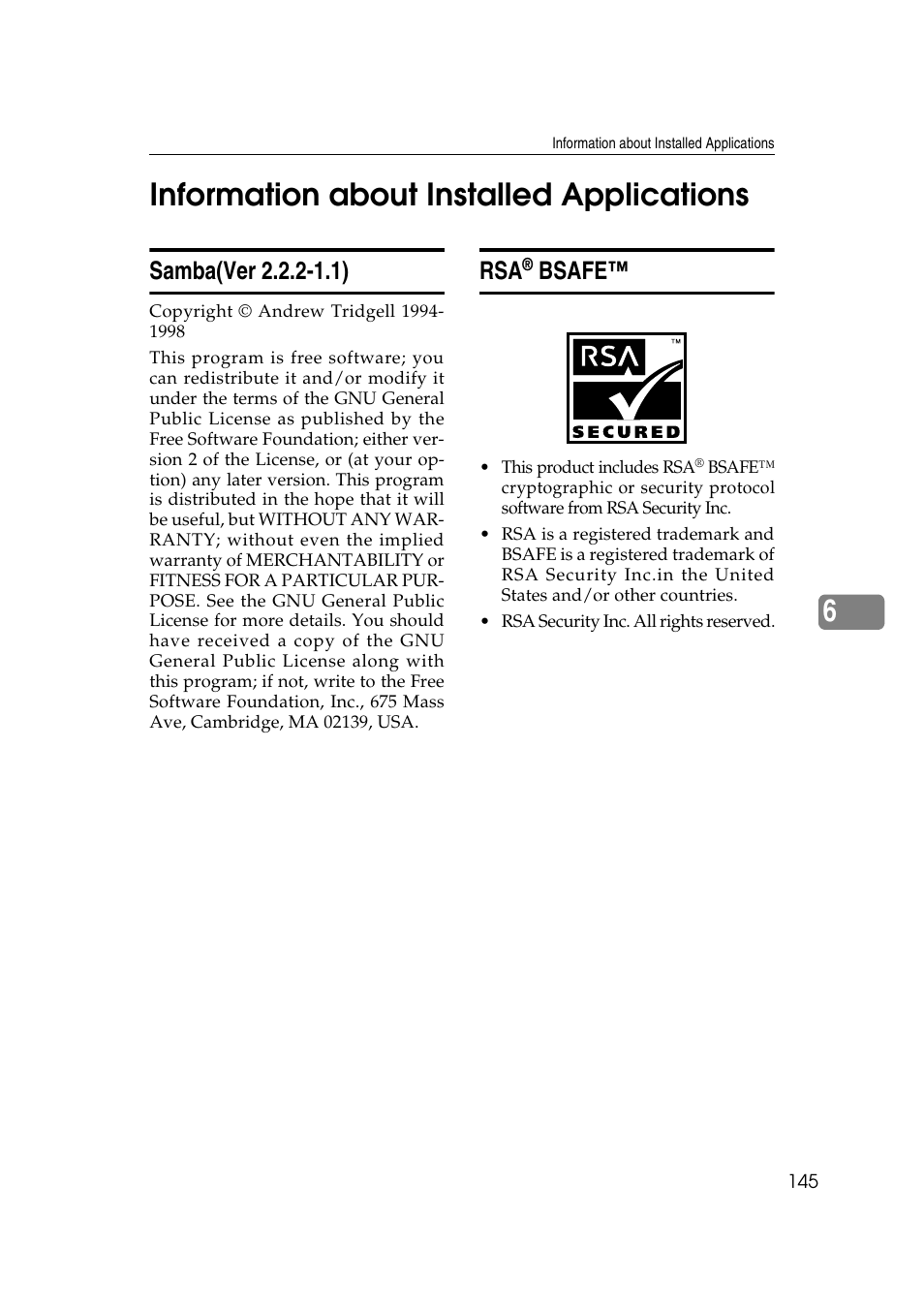 Information about installed applications, Samba(ver 2.2.2-1.1), Rsa® bsafe | Bsafe, 6information about installed applications | Ricoh Network Guide User Manual | Page 151 / 158
