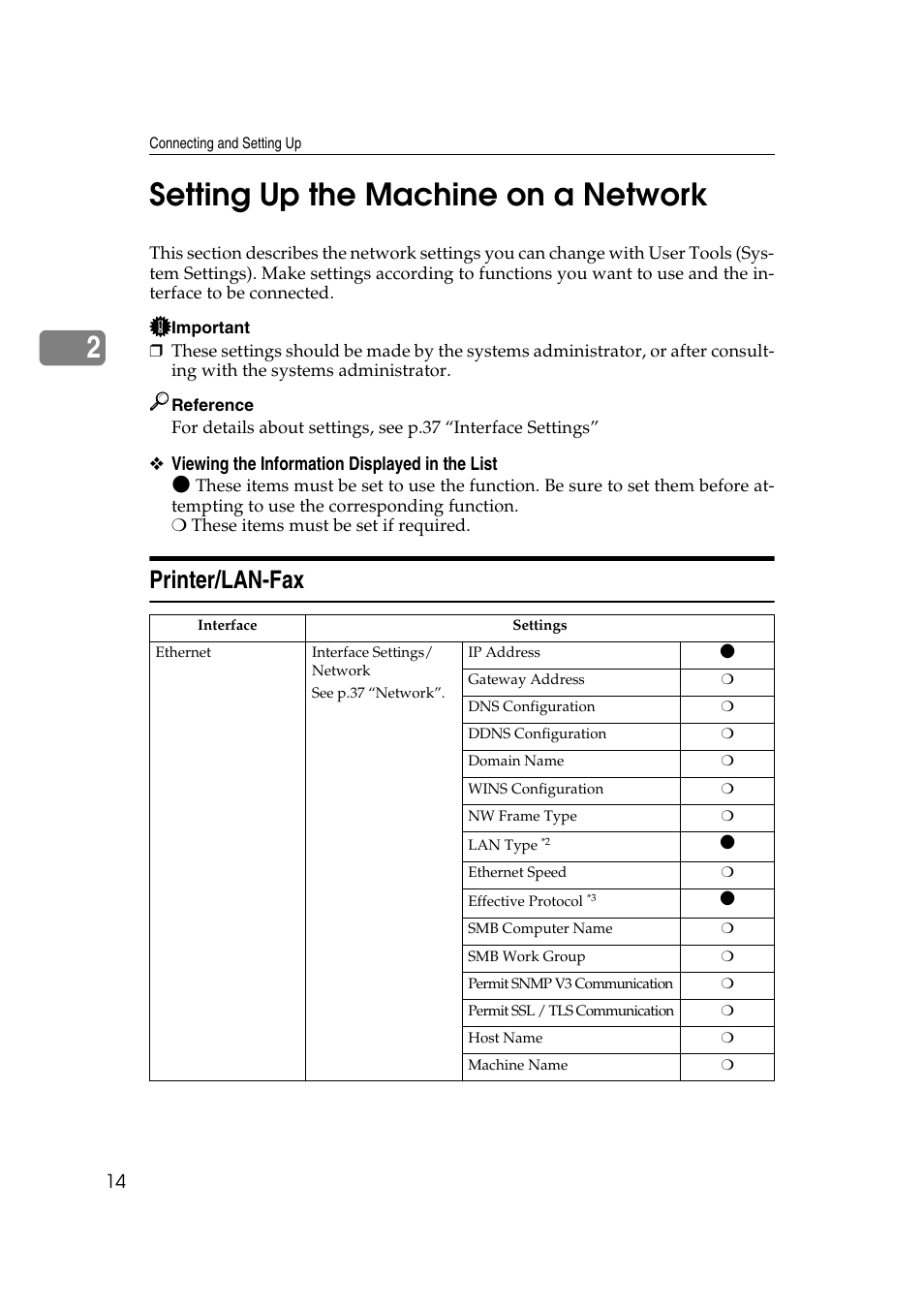 Setting up the machine on a network, Printer/lan-fax, E p.14 “setting up the ma- chine on a network | Ee p.14 “setting up the ma- chine on a network, 2setting up the machine on a network | Ricoh Network Guide User Manual | Page 20 / 158