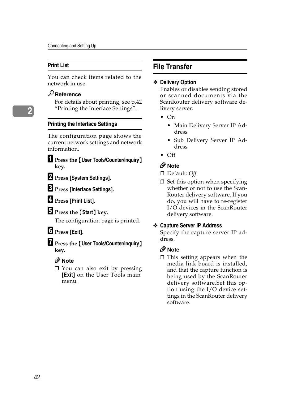 Print list, Printing the interface settings, File transfer | P.42 “file trans- fer | Ricoh Network Guide User Manual | Page 48 / 158