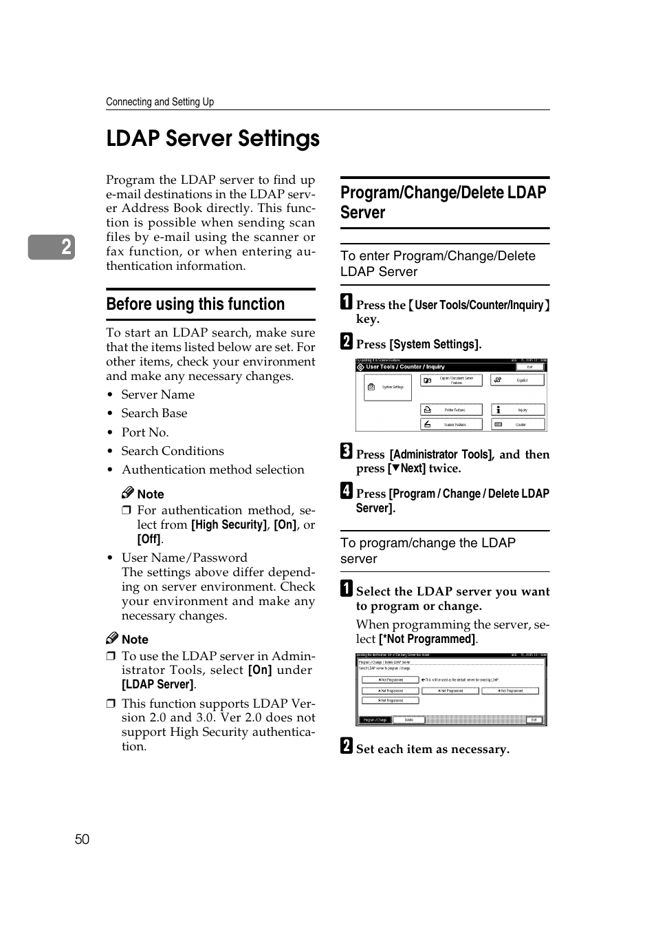 Ldap server settings, Before using this function, Program/change/delete ldap server | 2ldap server settings | Ricoh Network Guide User Manual | Page 56 / 158