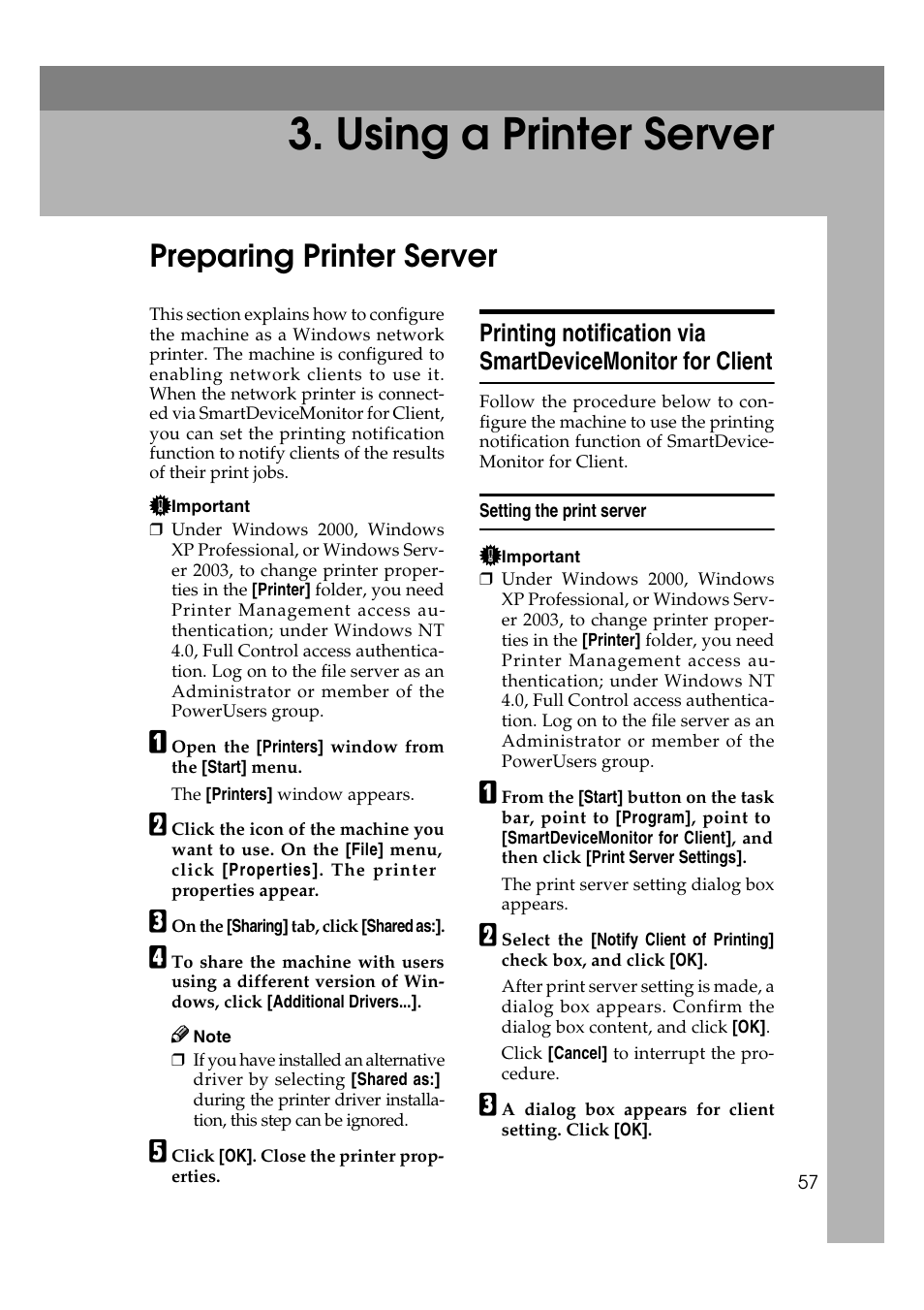 Using a printer server, Preparing printer server, Setting the print server | E p.57 “preparing printer server | Ricoh Network Guide User Manual | Page 63 / 158