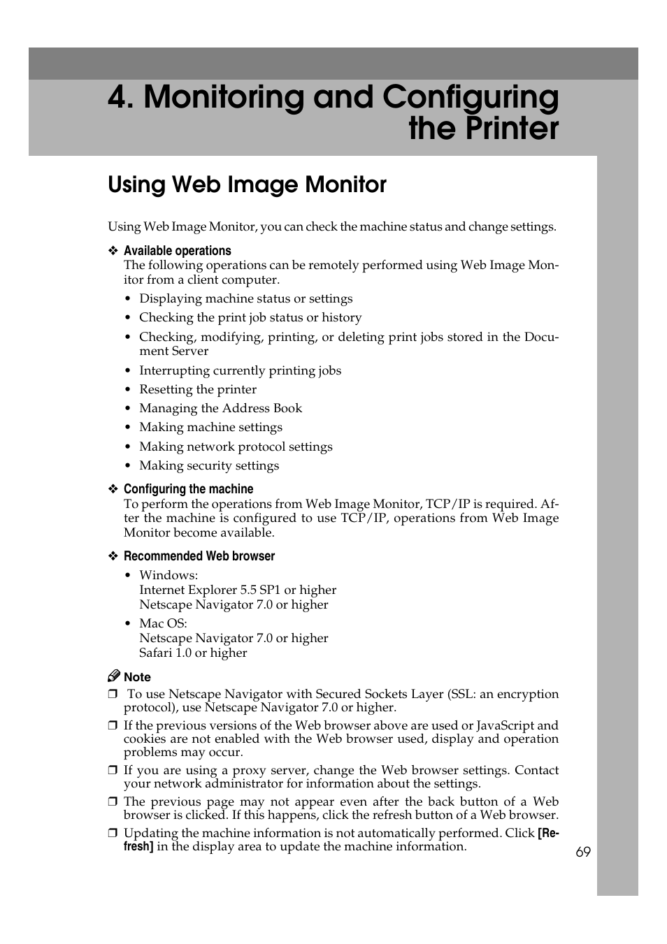 Monitoring and configuring the printer, Using web image monitor | Ricoh Network Guide User Manual | Page 75 / 158