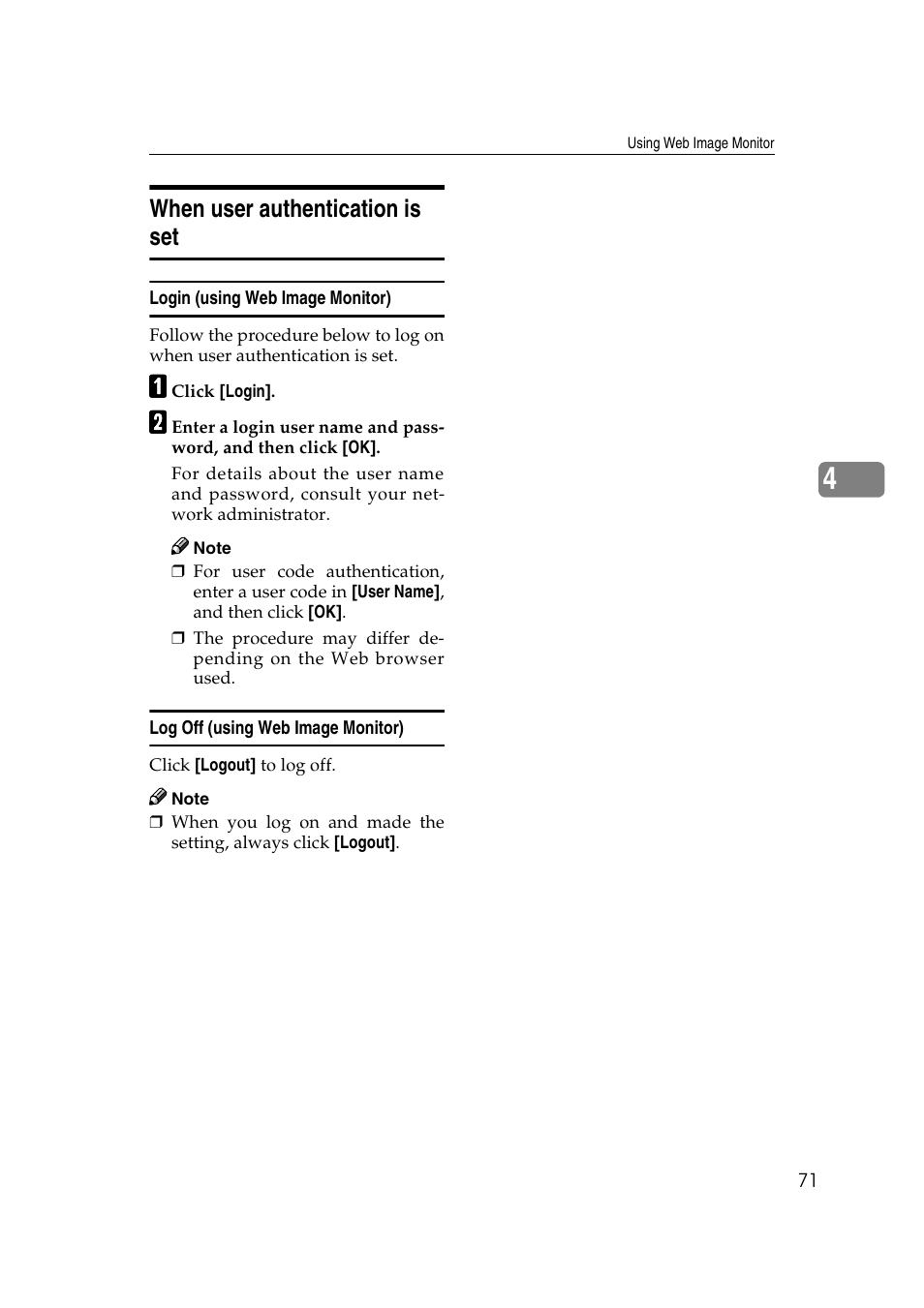 When user authentication is set, Login (using web image monitor), Log off (using web image monitor) | Ricoh Network Guide User Manual | Page 77 / 158