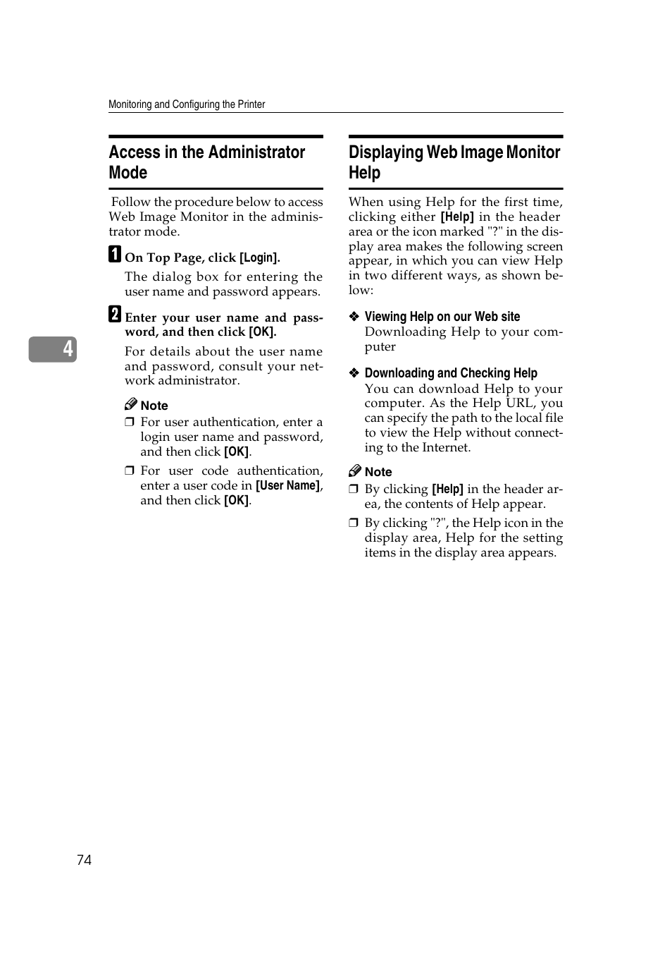 Access in the administrator mode, Displaying web image monitor help | Ricoh Network Guide User Manual | Page 80 / 158